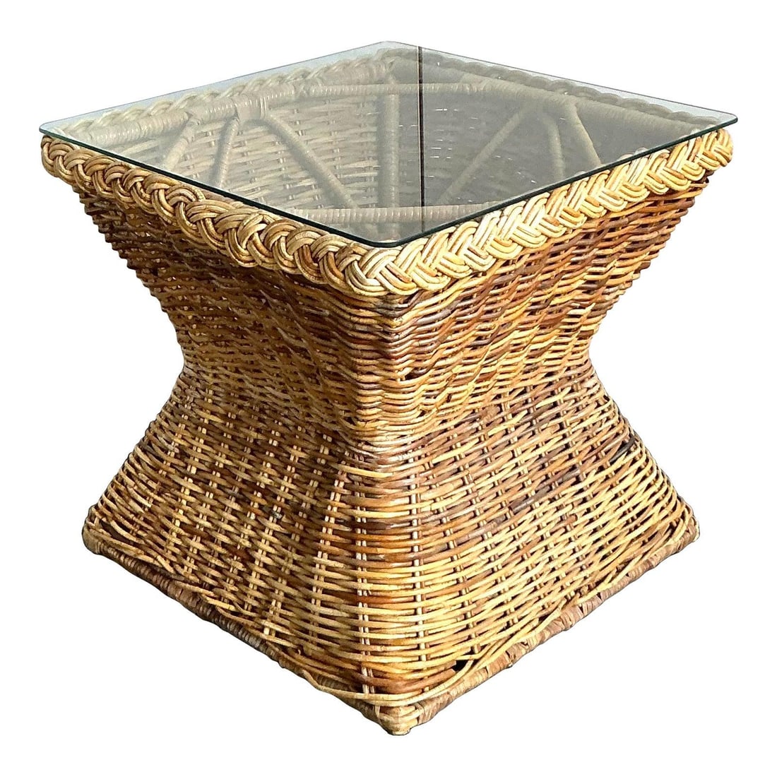 Square Rattan and Glass Accent Table with Braided Base Coastal Vintage Style (1 of 6)