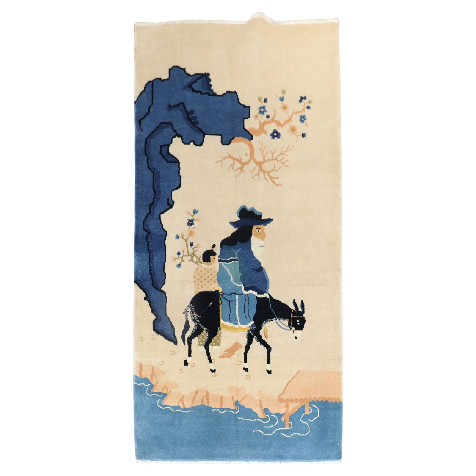 Unique Chinese Wool Pictorial Rug Shepherd on Mule 37 x 73: Unique Chinese Wool Pictorial Rug Shepherd on Mule 37 x 73 This unique Chinese Shepherd Mule Pictorial Rug showcases a delightful scene of a shepherd riding on a mule, capturing the essence of traditi