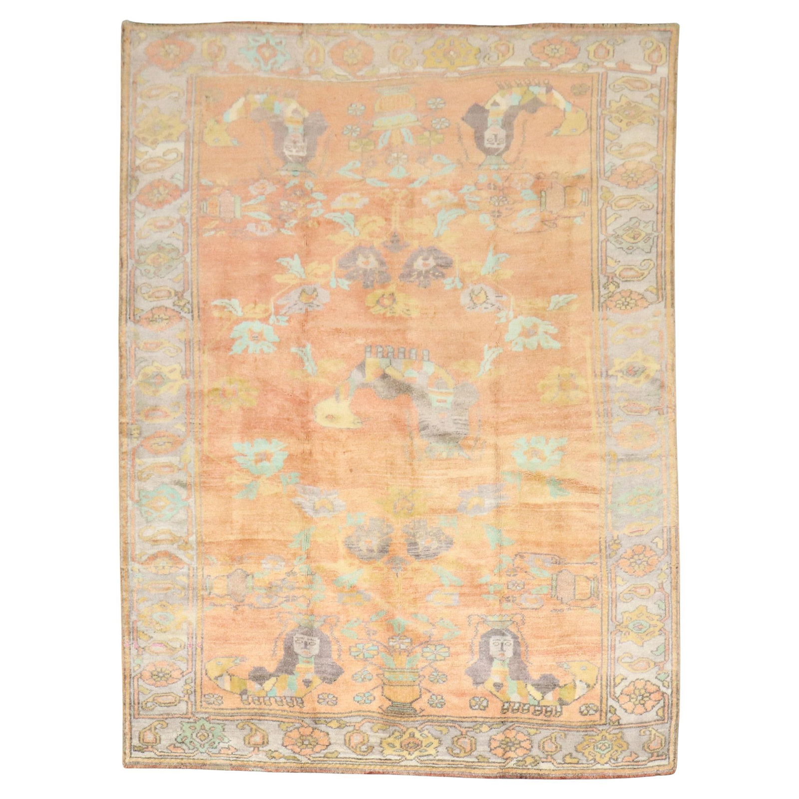 Mid 20th Century Oushak Anatolian Wool Rug with Mermaid Motif 5'8 x 7'4: Mid 20th Century Oushak Anatolian Wool Rug with Mermaid Motif 5'8 x 7'4 This vintage Turkish Anatolian rug features a peach orange color palette and displays mermaid motifs throughout. Hand-knotted fr