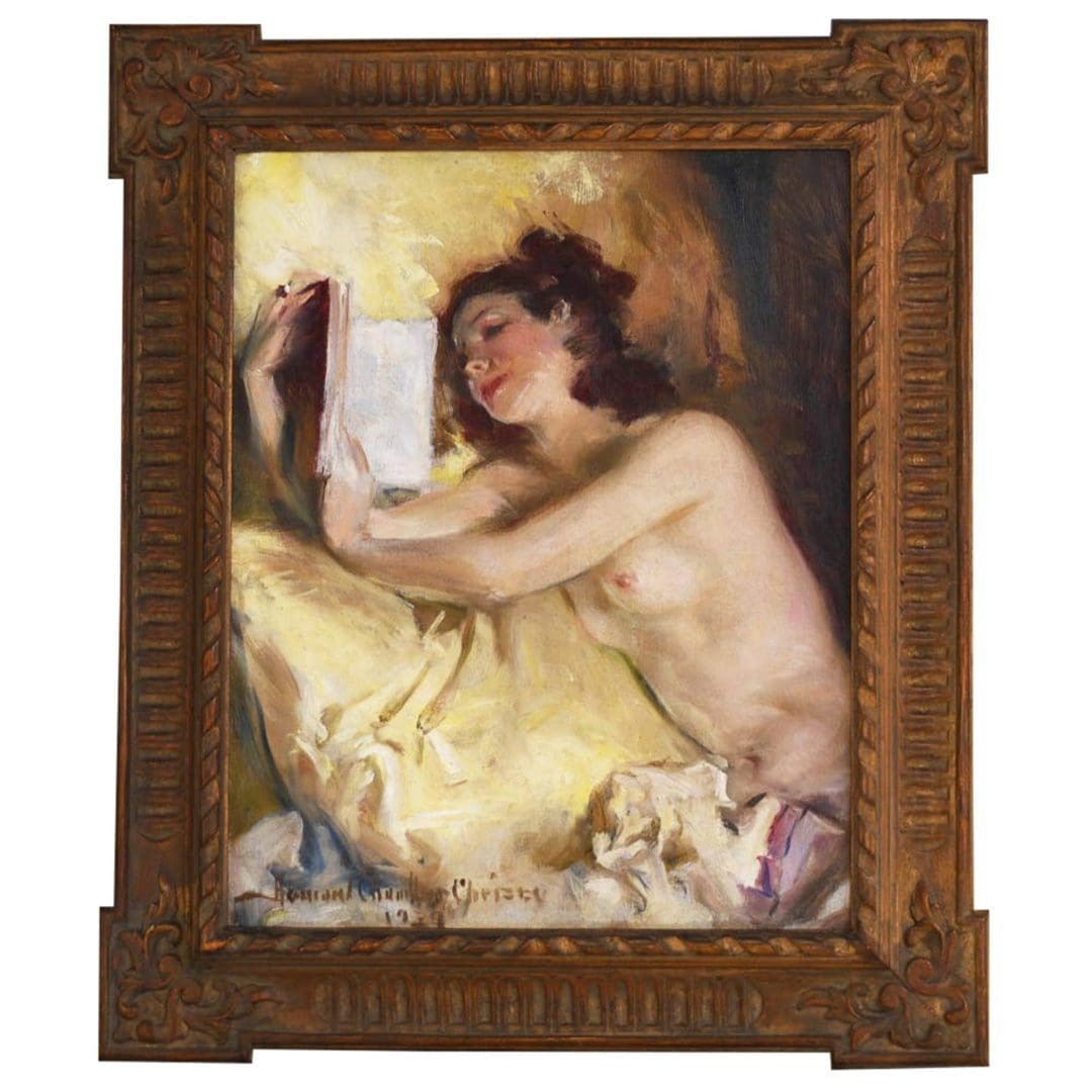 Signed Reclining Nude Painting by Howard Chandler Christy 20 x 17in Americana Style: Signed Reclining Nude Painting by Howard Chandler Christy 20 x 17in Americana Style This captivating painting, titled "Reclining Nude," is a stunning work by renowned American artist Howard Chandler
