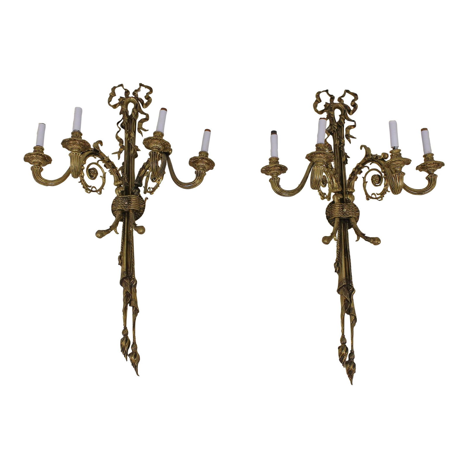 Large 1950s French Bronze Wall Sconces Ornate Tassel Design (1 of 10)