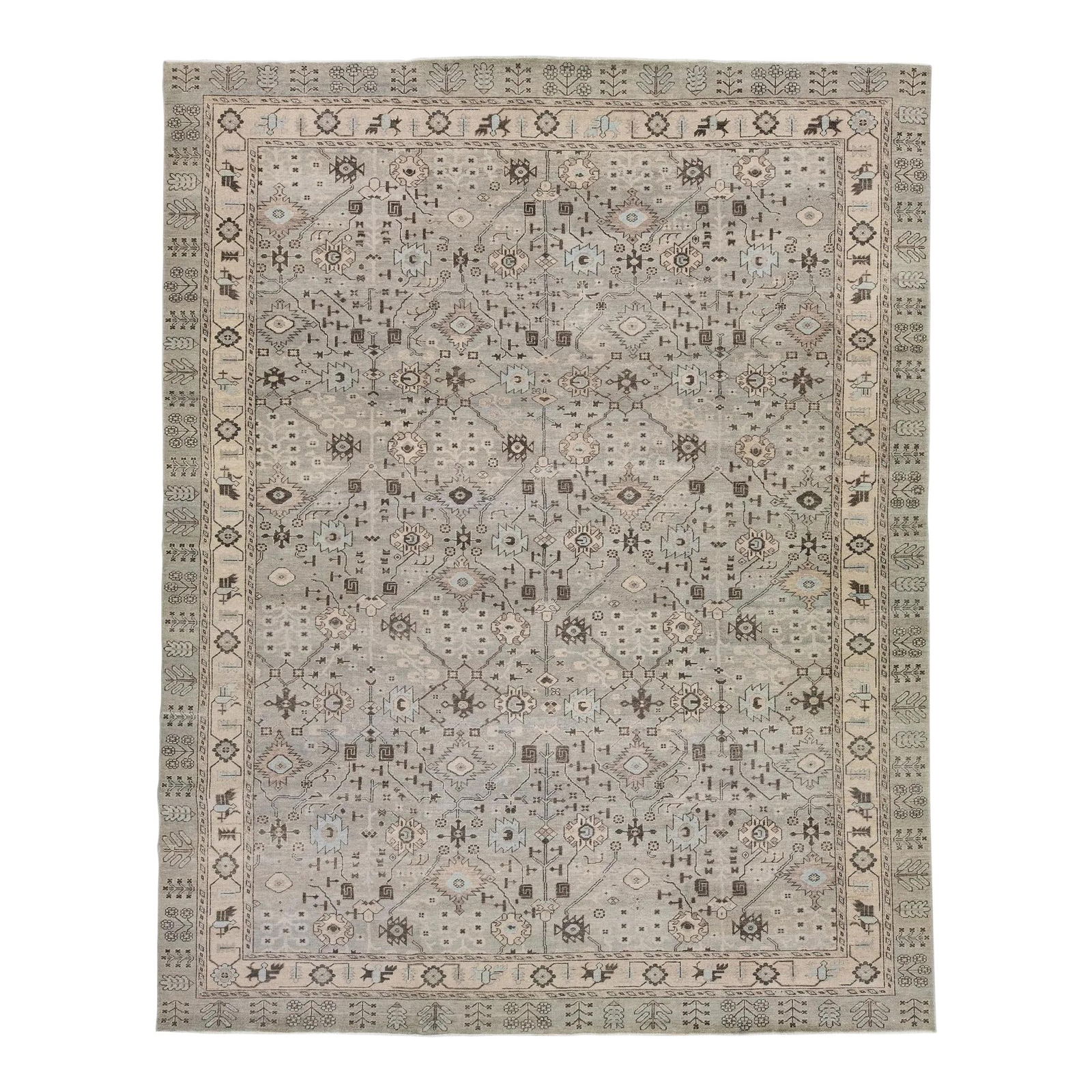 Gray Modern Khotan Style Wool Rug 11'9 x 14'11 Hand-Knotted: Gray Modern Khotan Style Wool Rug 11'9 x 14'11 Hand-Knotted This exquisite gray Khotan wool rug features an allover geometric design, showcasing a harmonious blend of blue and gray accents.