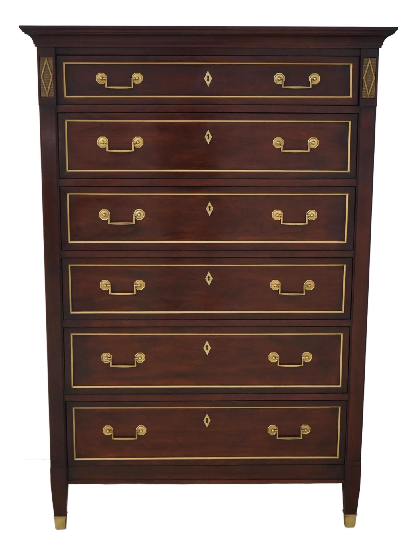 Stickley French Louis XVI Cherry Wood High Chest of Drawers: Stickley French Louis XVI Cherry Wood High Chest of Drawers Discover timeless elegance with this Stickley French Louis XVI Cherry High Chest of Drawers, crafted around 2003. This exquisite piece featu