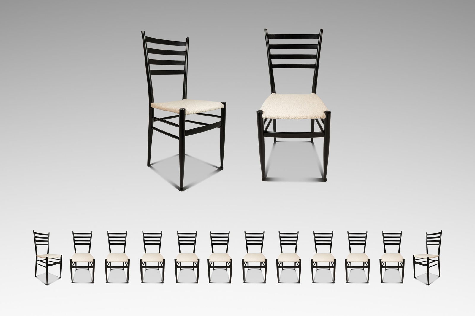Set of 12 Italian Modern Ebonized High Back Dining Chairs in White Boucle After Gio Ponti: Set of 12 Italian Modern Ebonized High Back Dining Chairs in White Boucle After Gio Ponti This set includes twelve bespoke Mid-Century Italian Modern high-back dining chairs crafted in Italy in the 19