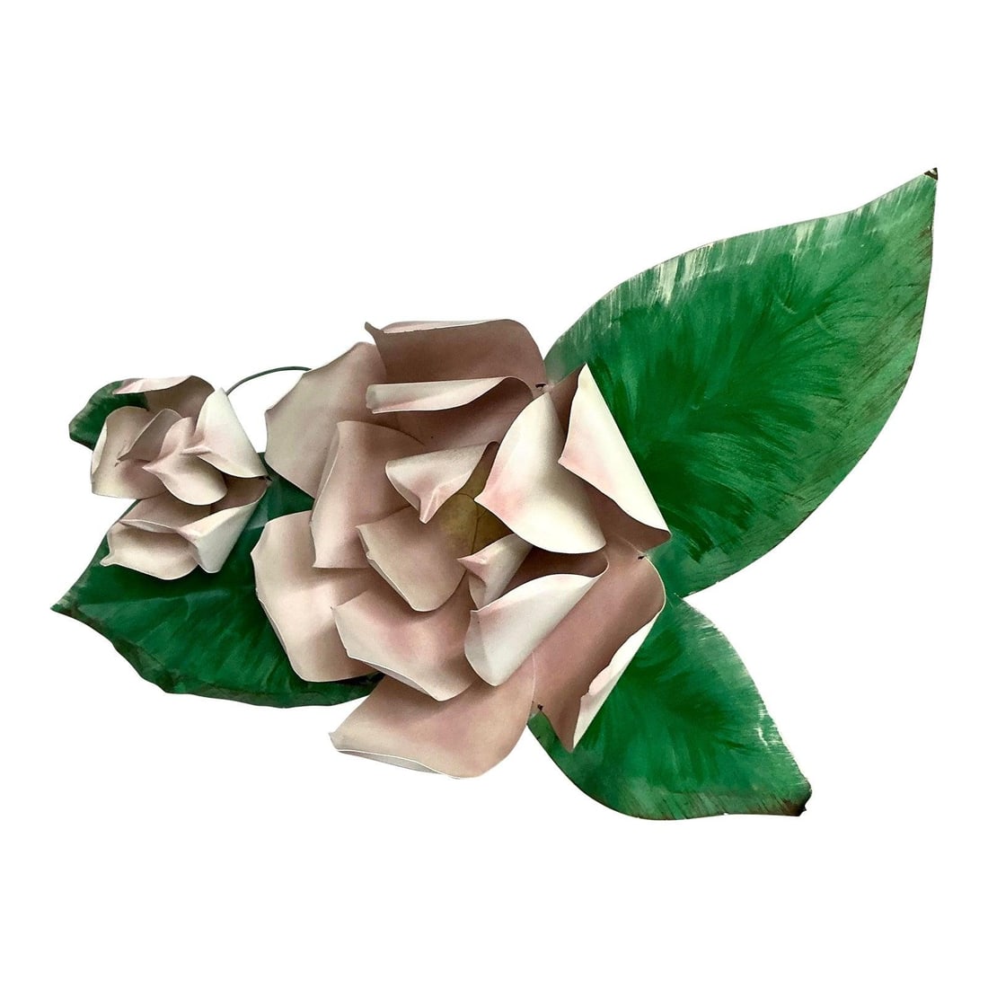 Monumental Vintage Tole Metal Floral Wall Art With Pink Blossoms 47" Wide: Monumental Vintage Tole Metal Floral Wall Art With Pink Blossoms 47" Wide This vintage metal wall sculpture features two large floral blossoms in shades of blush pink and mauve, surrounded by sculptur