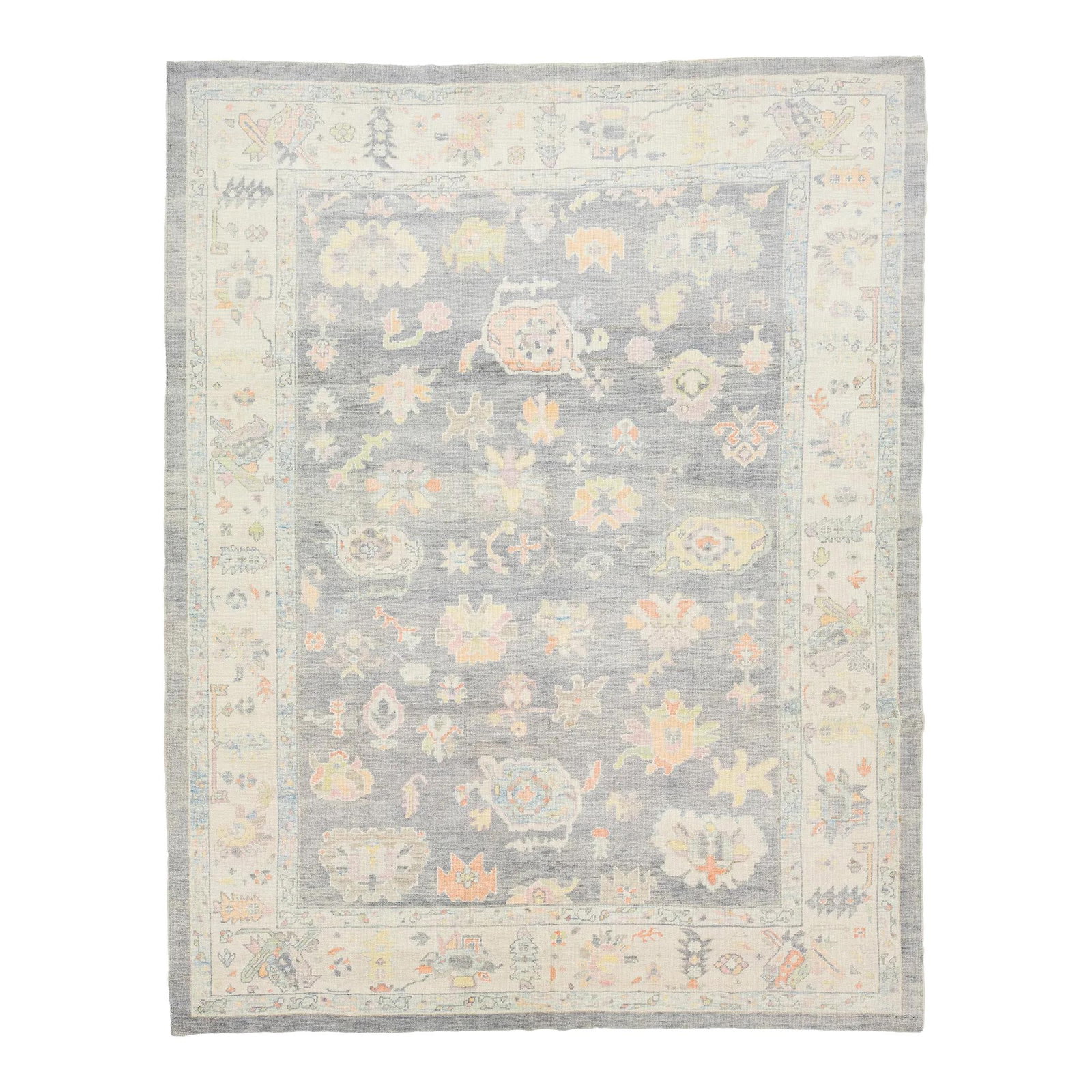 Contemporary Turkish Oushak Floral Wool Rug 10'2 x 13' Gray: Contemporary Turkish Oushak Floral Wool Rug 10'2 x 13' Gray Enhance your living space with this stunning contemporary Turkish Oushak rug, featuring a striking gray backdrop adorned with a vibrant mult