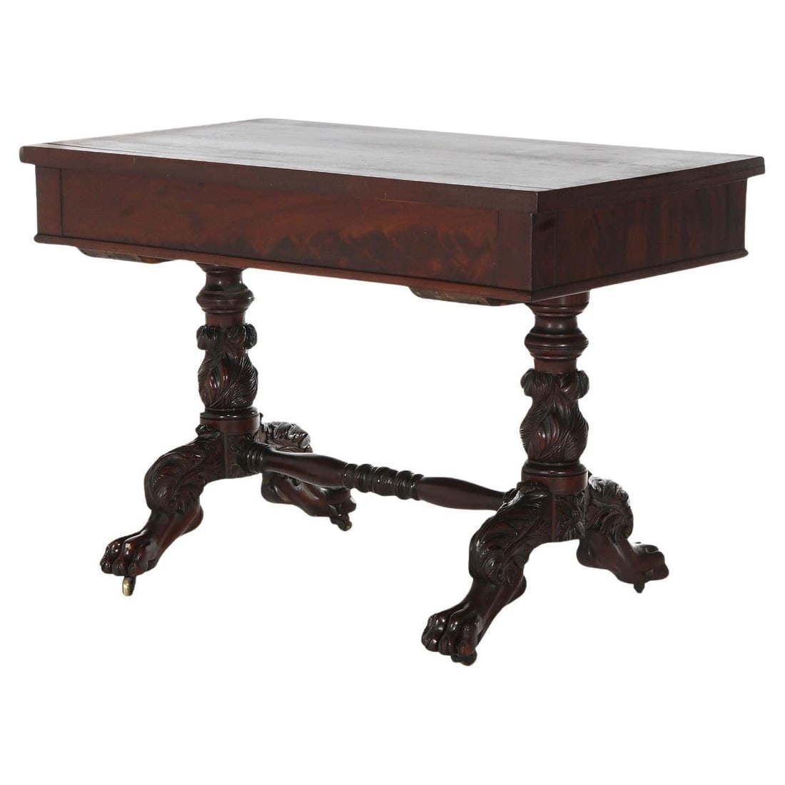 American Empire Flame Mahogany Sofa Table with Carved Acanthus and Paw Feet Circa 1840 (1 of 15)
