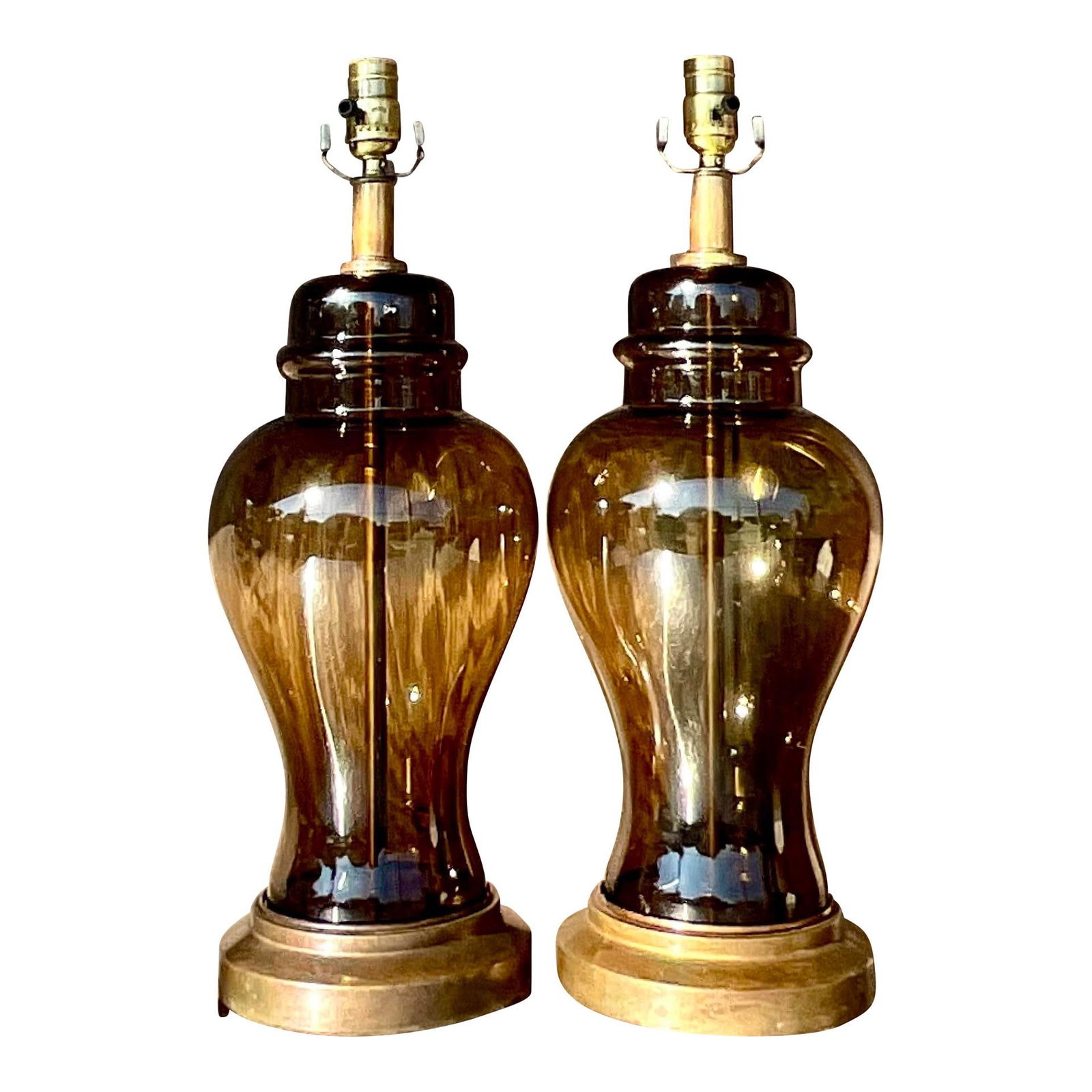 Vintage Boho Ginger Jar Lamps Pair Smoked Glass Brass Hardware: Vintage Boho Ginger Jar Lamps Pair Smoked Glass Brass Hardware Illuminate your space with this fabulous pair of vintage Boho Ginger Jar table lamps. Crafted from chic smoked glass and accented with pa