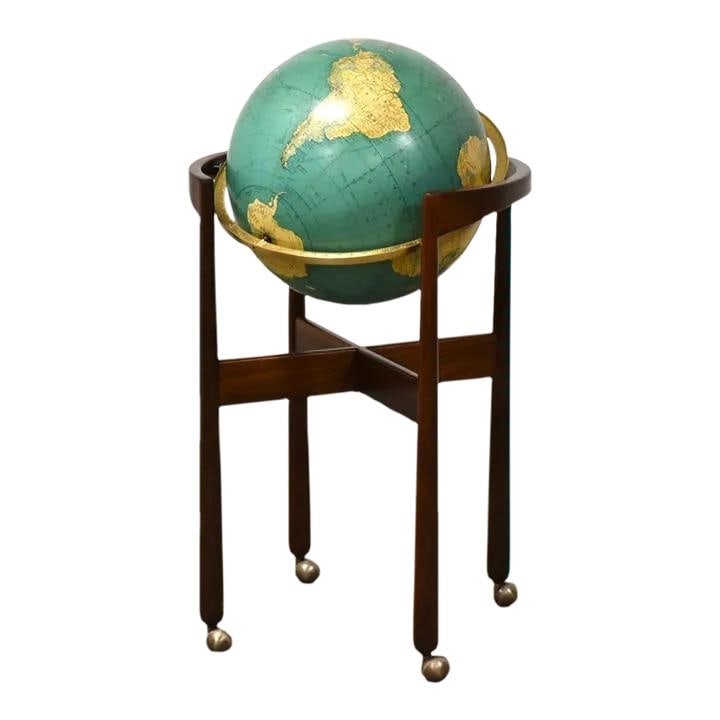 Mid Century Modern Walnut Globe by Jens Risom 20.5x17x35.5: Mid Century Modern Walnut Globe by Jens Risom 20.5x17x35.5 This exquisite mid-century modern globe, designed by Jens Risom, features a beautifully refinished walnut frame that showcases its elegant de