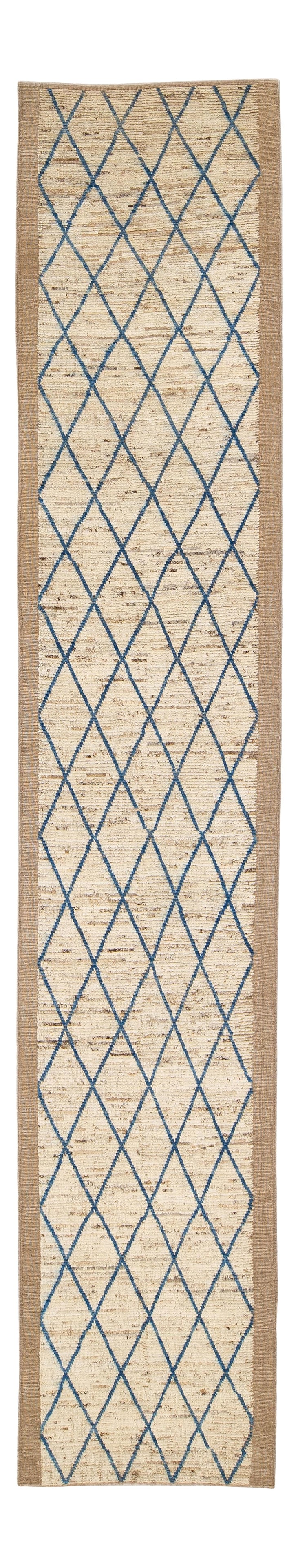 Handmade Modern Moroccan Wool Runner Beige Blue Geometric 3'6 x 18'10: Handmade Modern Moroccan Wool Runner Beige Blue Geometric 3'6 x 18'10 Enhance your space with this stunning Modern Moroccan style handmade wool runner rug. Featuring a beautiful beige field with strik