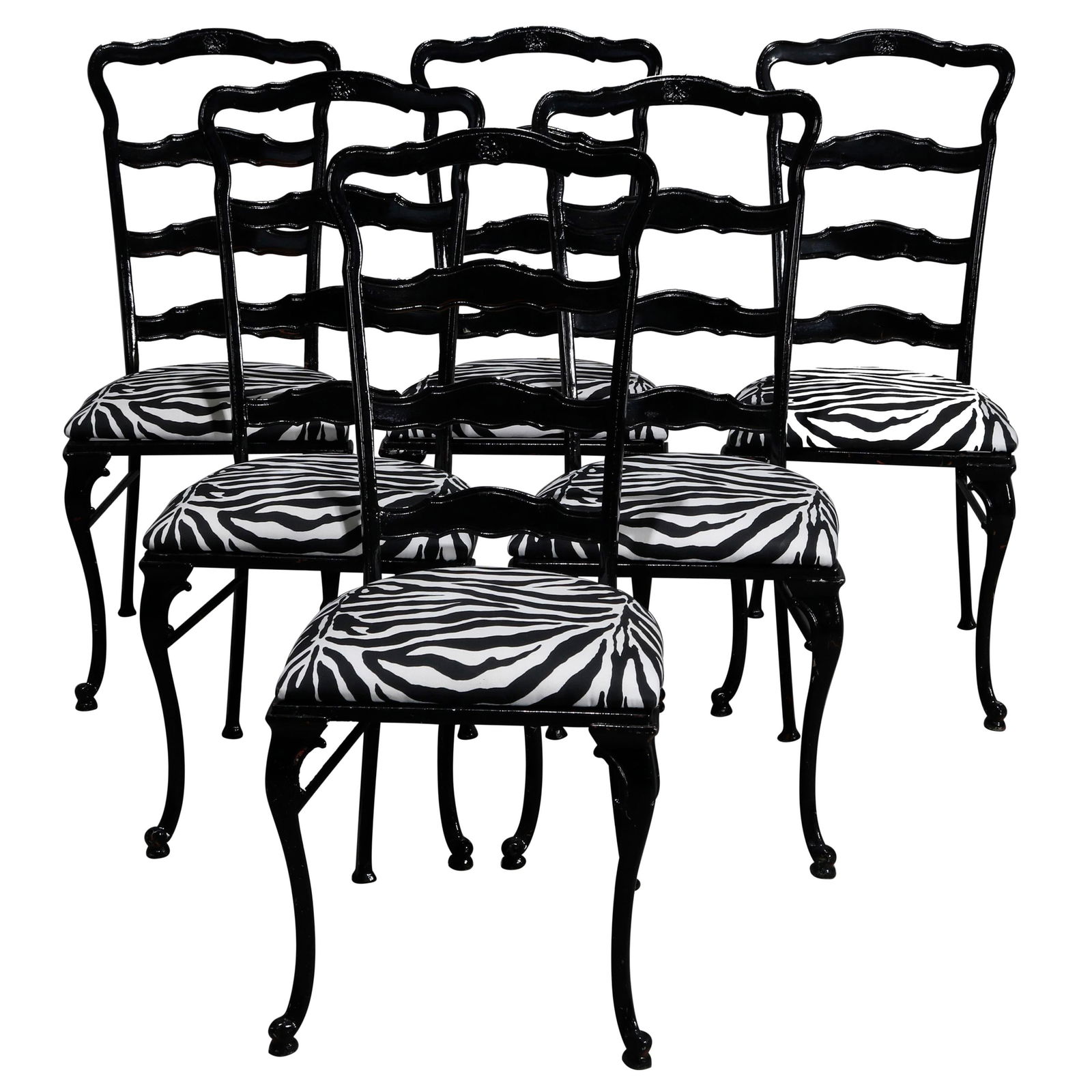 Set of 6 Tall-Back Zebra Print Ebonized Dining Chairs Mid-Century Modern: Set of 6 Tall-Back Zebra Print Ebonized Dining Chairs Mid-Century Modern This set of six Mid-Century Modern dining chairs features tall, ladder-back designs with ebonized black metal frames. The seats