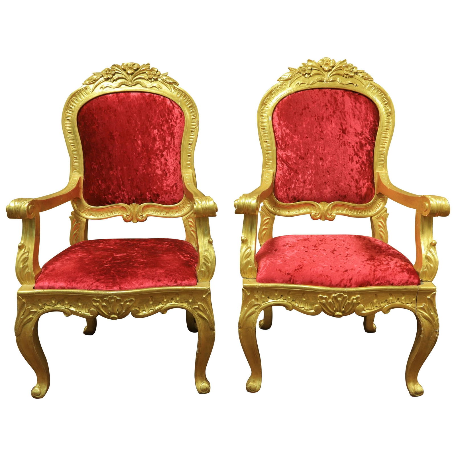 Set of 2 French Giltwood Louis XV Armchairs Early 20th Century: Set of 2 French Giltwood Louis XV Armchairs Early 20th Century This pair of antique French Louis XV style armchairs dates to the early 20th century and features elegant giltwood frames. The chairs are