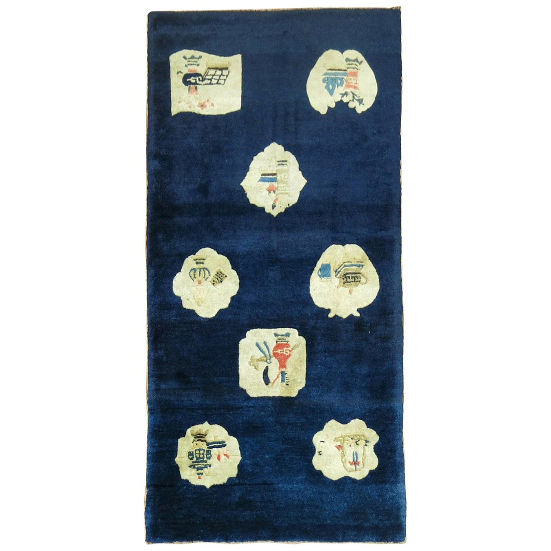 Midnight Blue Hand-Woven Chinese Folk Art Throw Rug 27x52: Midnight Blue Hand-Woven Chinese Folk Art Throw Rug 27x52 This stunning midnight blue throw rug showcases the beauty of Chinese folk art with its hand-woven craftsmanship. Featuring eight irregular sh