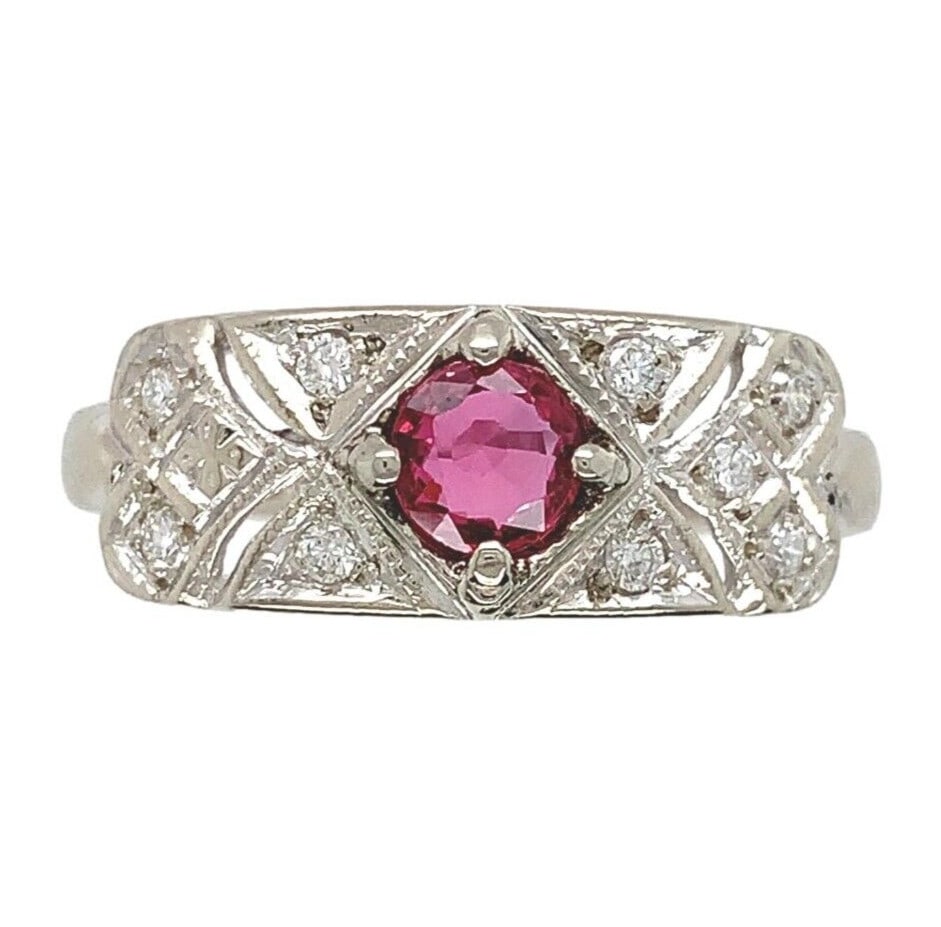 1940s 14k White Gold Band Ring With Ruby and Nine Diamonds Size 8.25 (1 of 11)