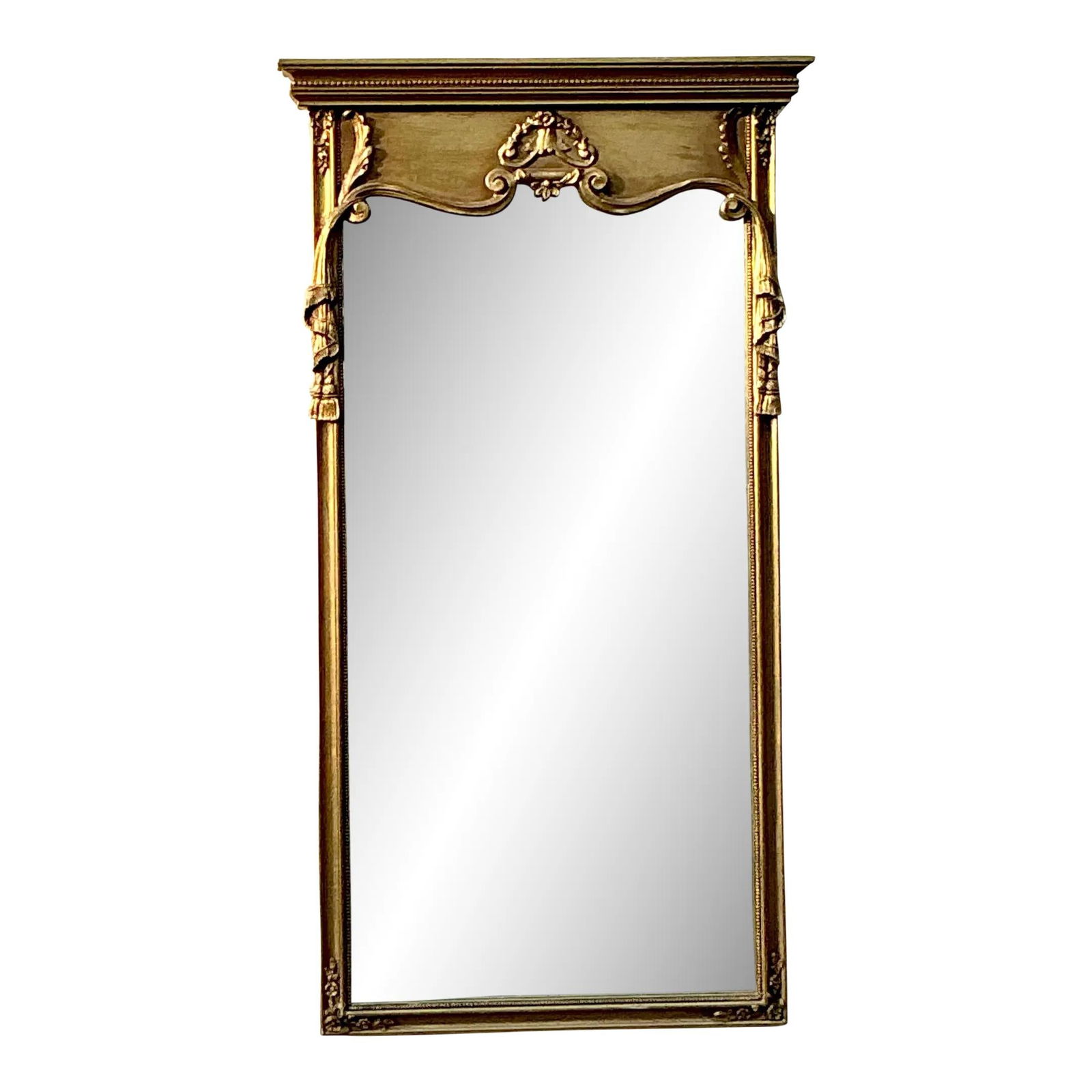 Vintage Regency Gilt Swag Mirror Ornate Design Beveled Glass 25.25 x 46 Brass: Vintage Regency Gilt Swag Mirror Ornate Design Beveled Glass 25.25 x 46 Brass This exquisite Vintage Regency gilt mirror features an ornate swag design, showcasing intricately detailed gilded embellis