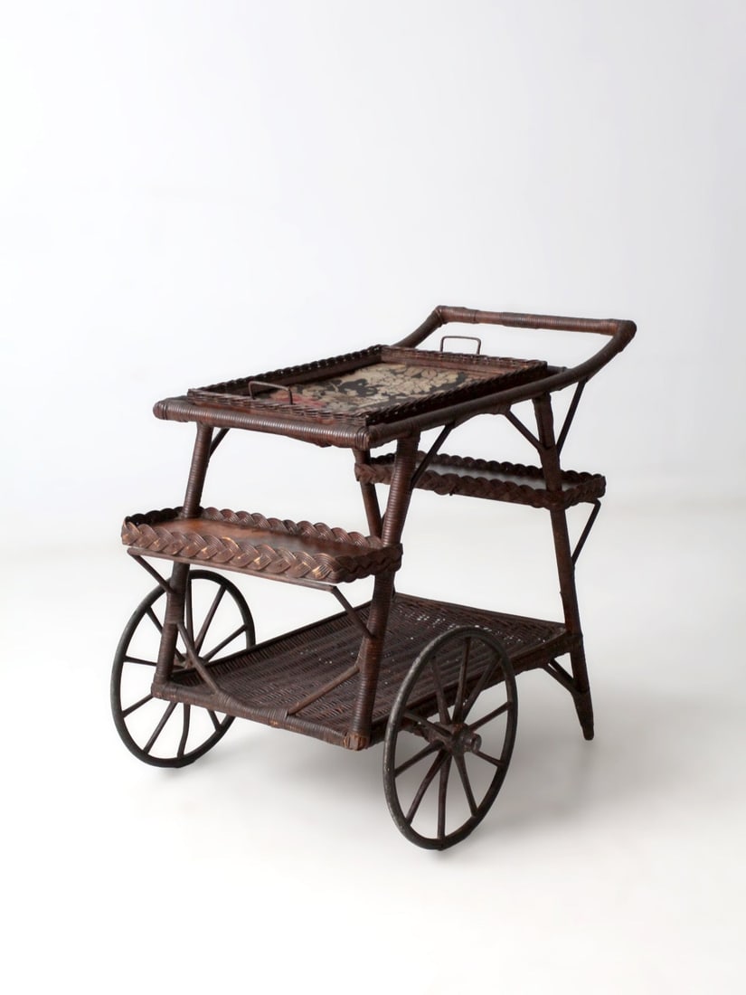 American Wicker Serving Cart With Floral Tray Early 20th Century (1 of 18)