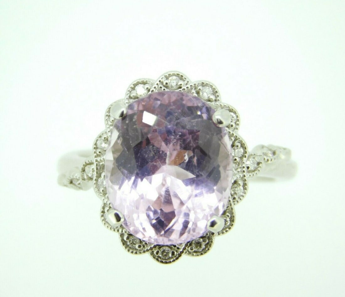 14k White Gold 6.95ct Oval Kunzite Ring with Diamond Halo (1 of 9)