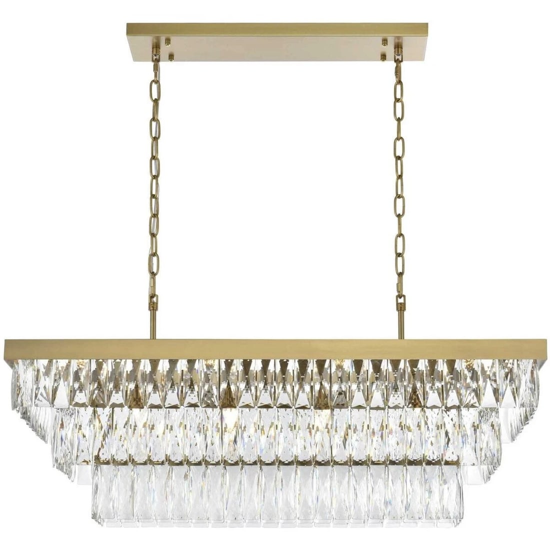 Modern Satin Gold 12-Light Josephine Crystal Chandelier 36 Inch Rectangular Design: Modern Satin Gold 12-Light Josephine Crystal Chandelier 36 Inch Rectangular Design This modern chandelier features a satin gold finish and royal cut clear crystal accents. Designed with a rectangular