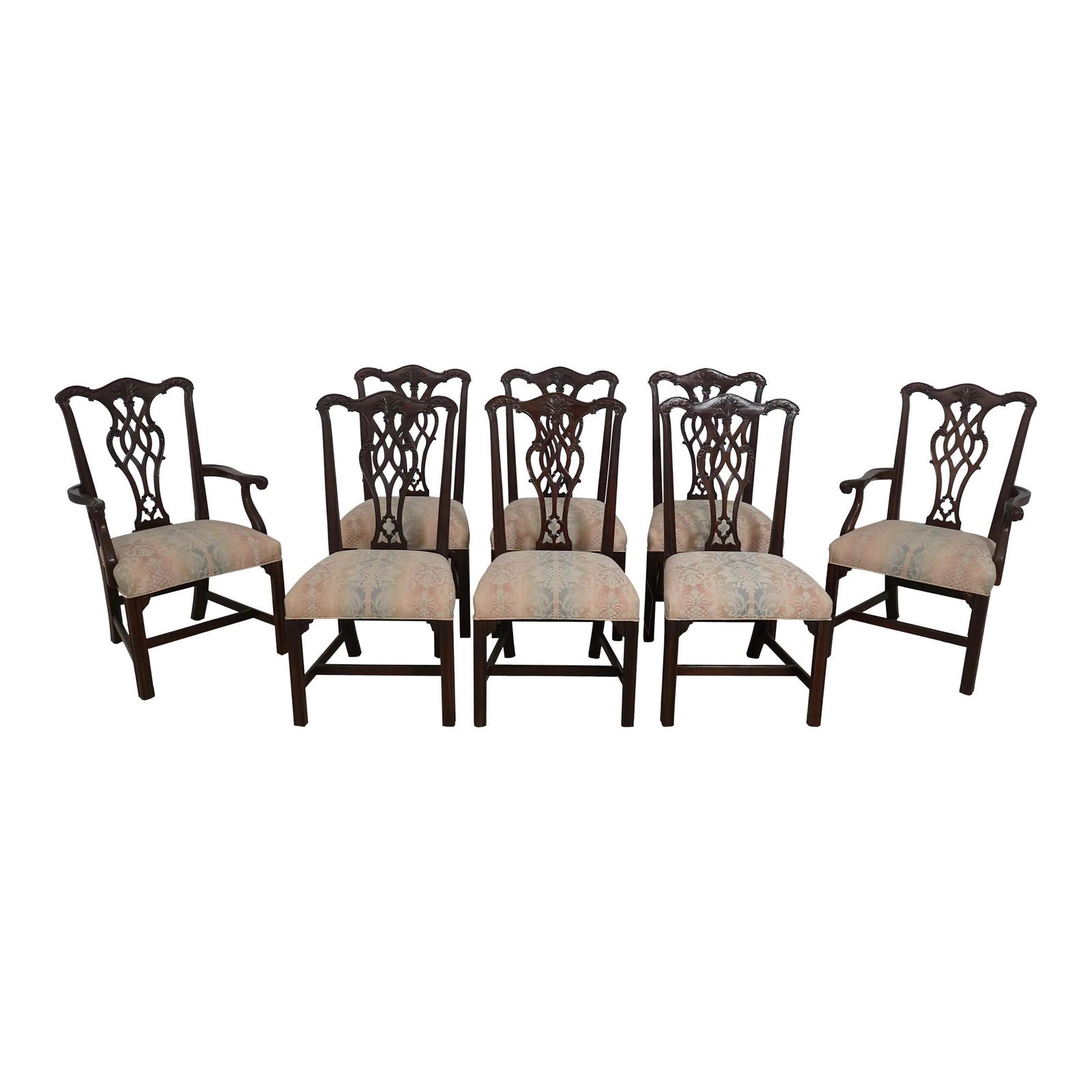 Set of 8 Henredon Chippendale Mahogany Dining Chairs Damask Upholstered (1 of 10)
