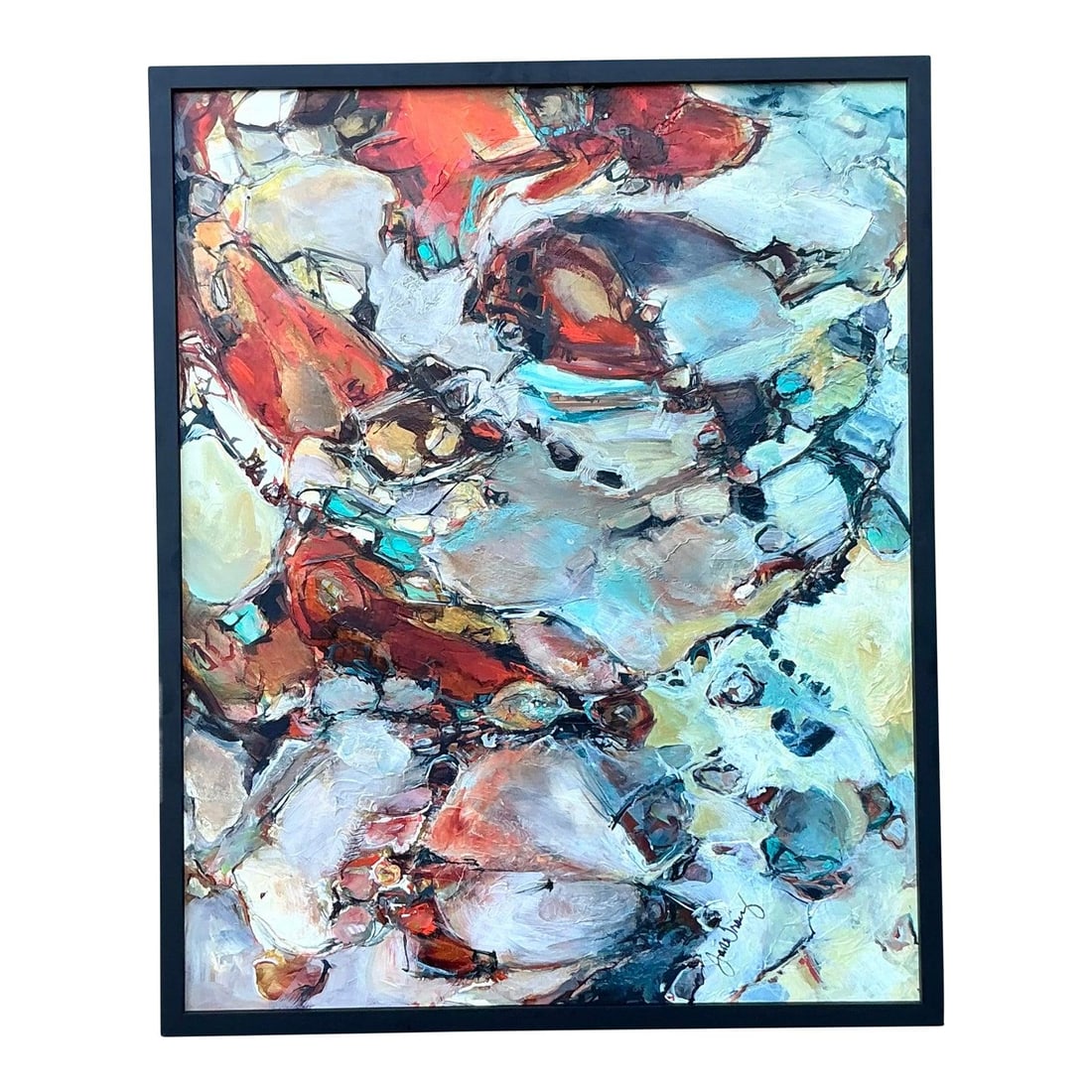 Large Abstract Oil Painting on Board Framed Turquoise and Orange Expressionist Art: Large Abstract Oil Painting on Board Framed Turquoise and Orange Expressionist Art This original abstract oil painting on board features a dynamic composition inspired by the Abstract Expressionist mo