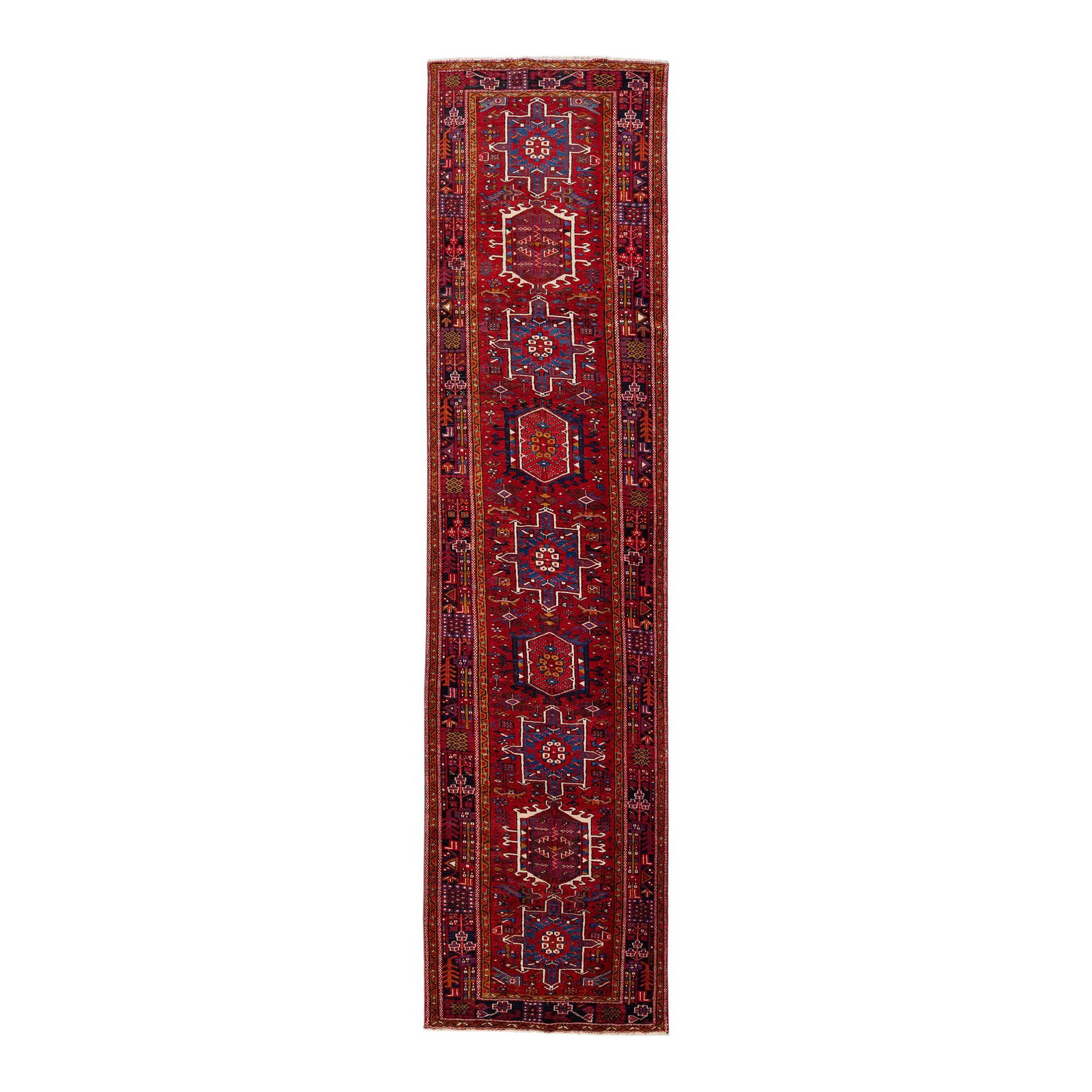 1960s Handmade Persian Heriz Red Geometric Wool Runner 3'7 x 15'2: 1960s Handmade Persian Heriz Red Geometric Wool Runner 3'7 x 15'2 This stunning vintage Persian Heriz runner showcases exquisite hand-knotting in rich red wool, framed with a striking black border and