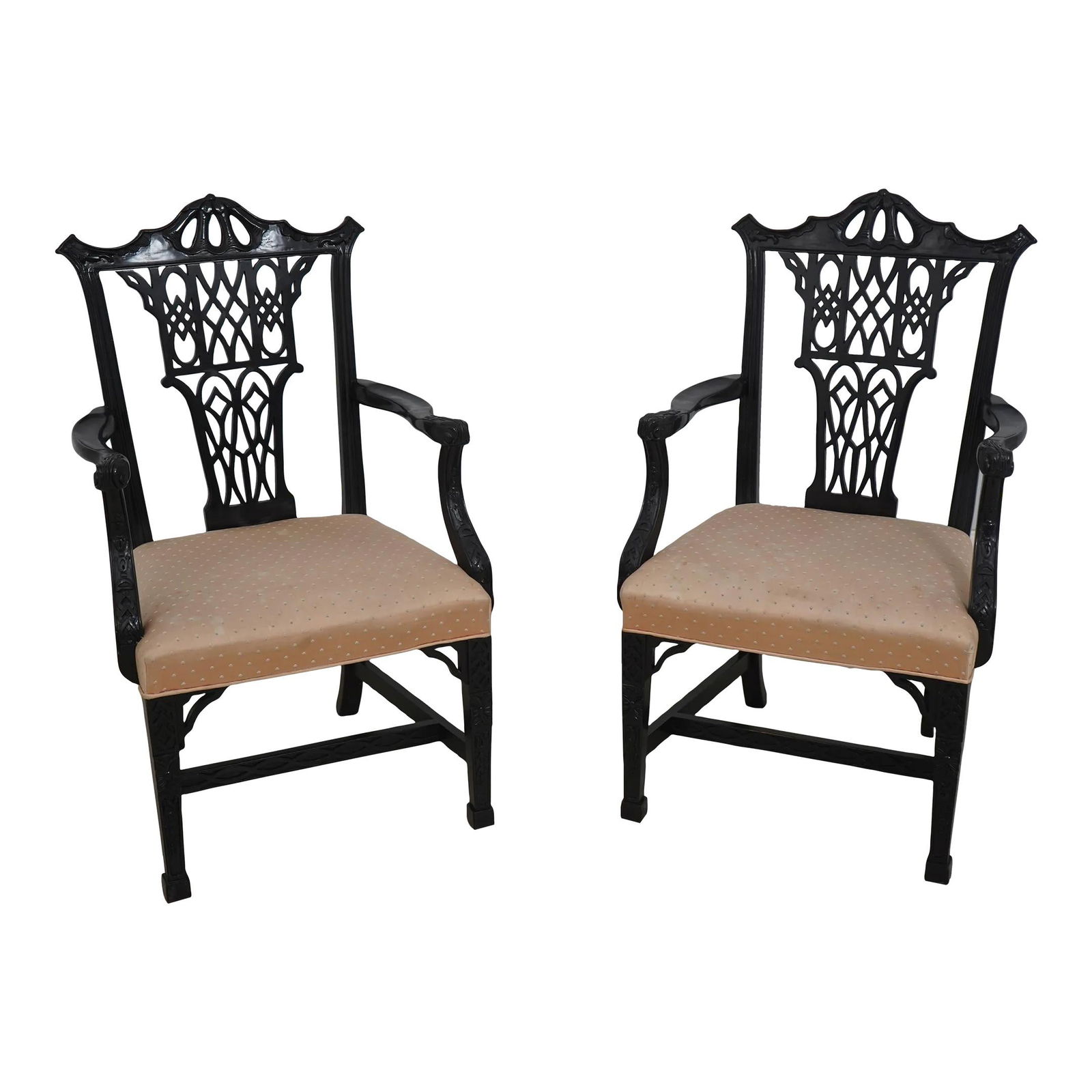 Vintage 1950s Chinese Chippendale Black Lacquer Armchairs Pair (1 of 10)
