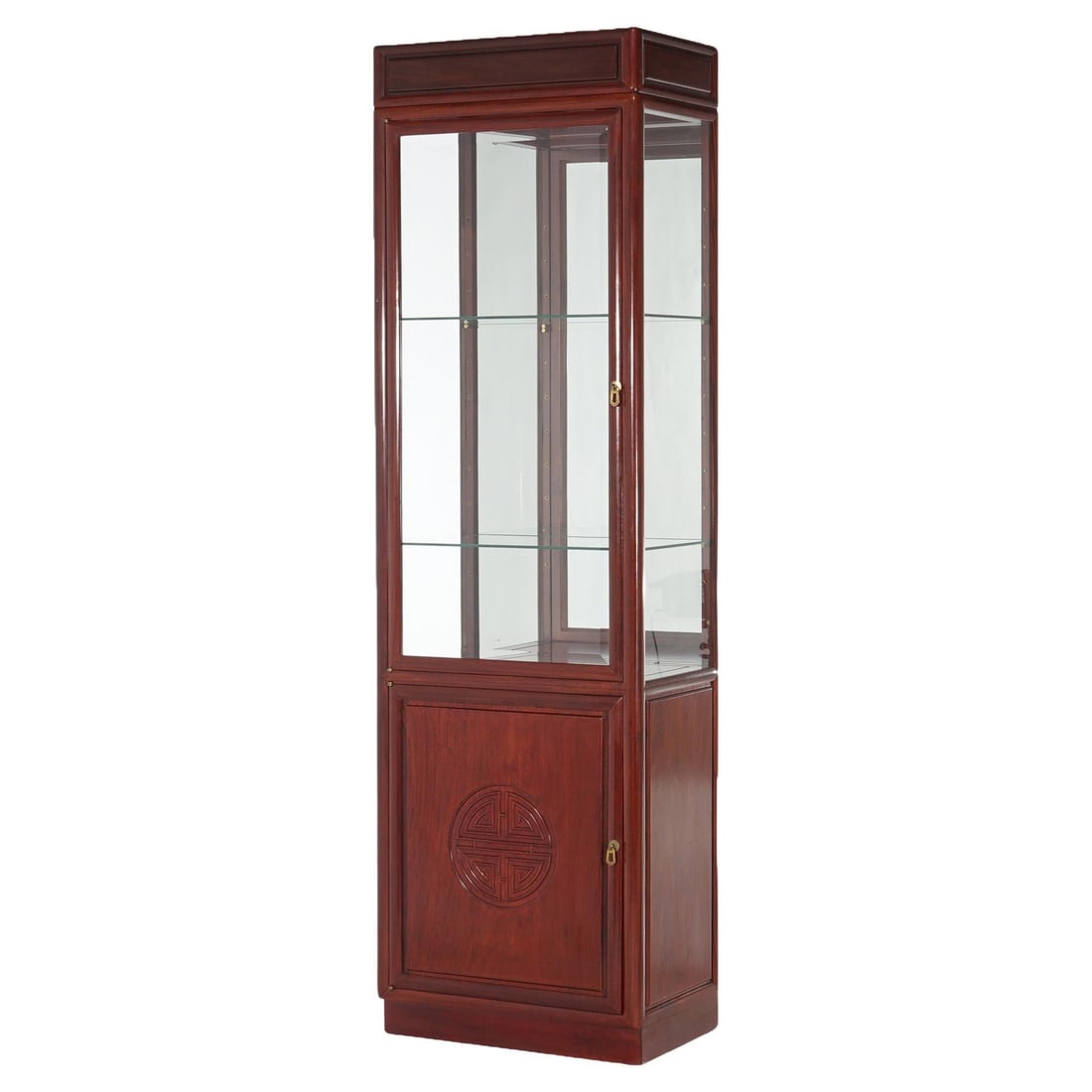 Mid-Century Vintage Chinese Mahogany Display Case with Carved Symbol: Mid-Century Vintage Chinese Mahogany Display Case with Carved Symbol This elegant Vintage Chinese Mahogany Display Case features a lower blind door cabinet adorned with a beautifully carved symbol, da