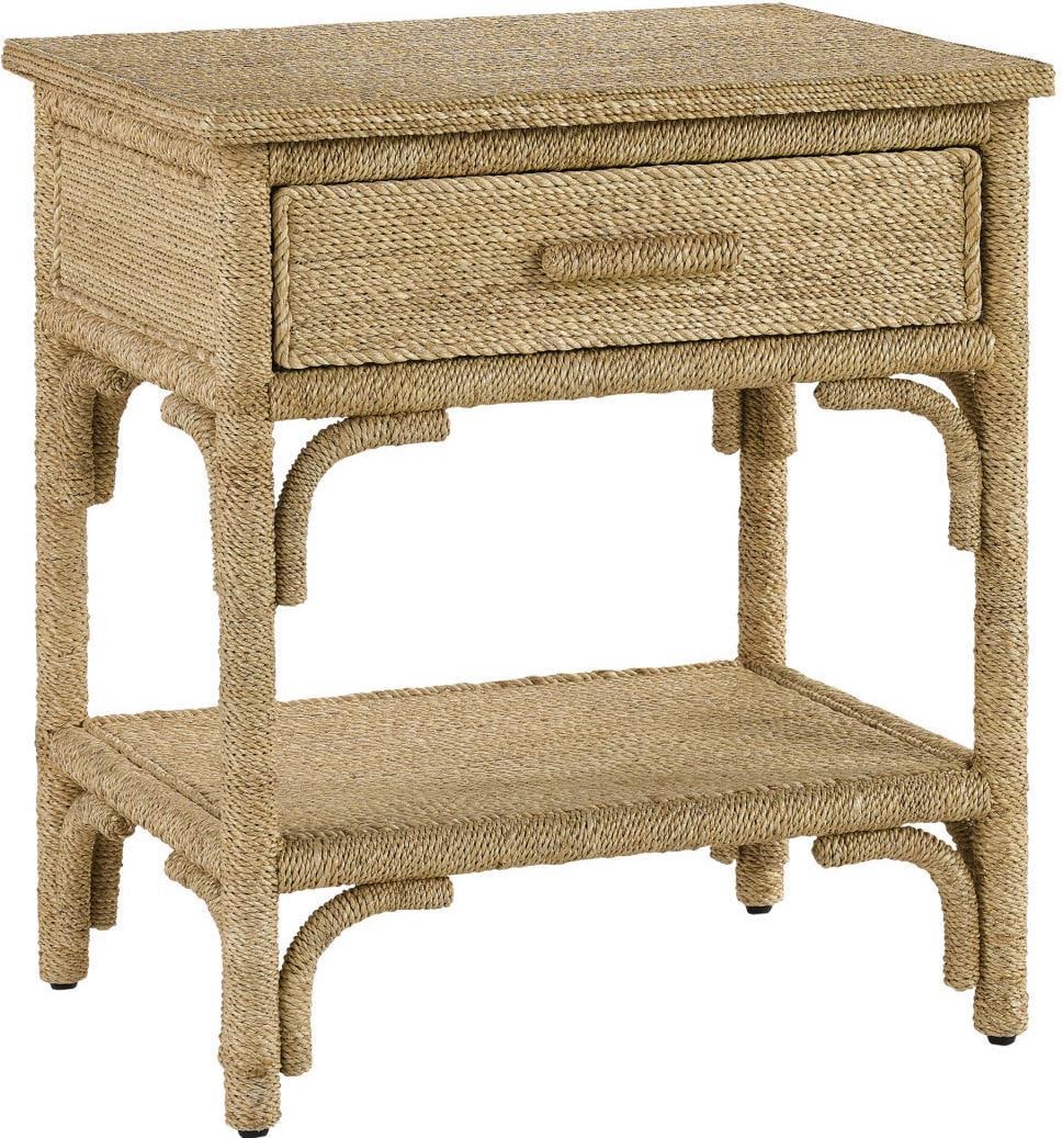 Currey Olisa Nightstand Coastal Design Abaca Rope Solid Wood: Currey Olisa Nightstand Coastal Design Abaca Rope Solid Wood Introducing the Natural Olisa Nightstand, a delightful piece designed for coastal elegance. This nightstand features a unique combination o