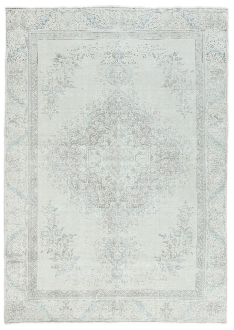 Vintage Hand-Knotted 9X12 Floral Wool Rug Beige 1950-1959 (1 of 13)