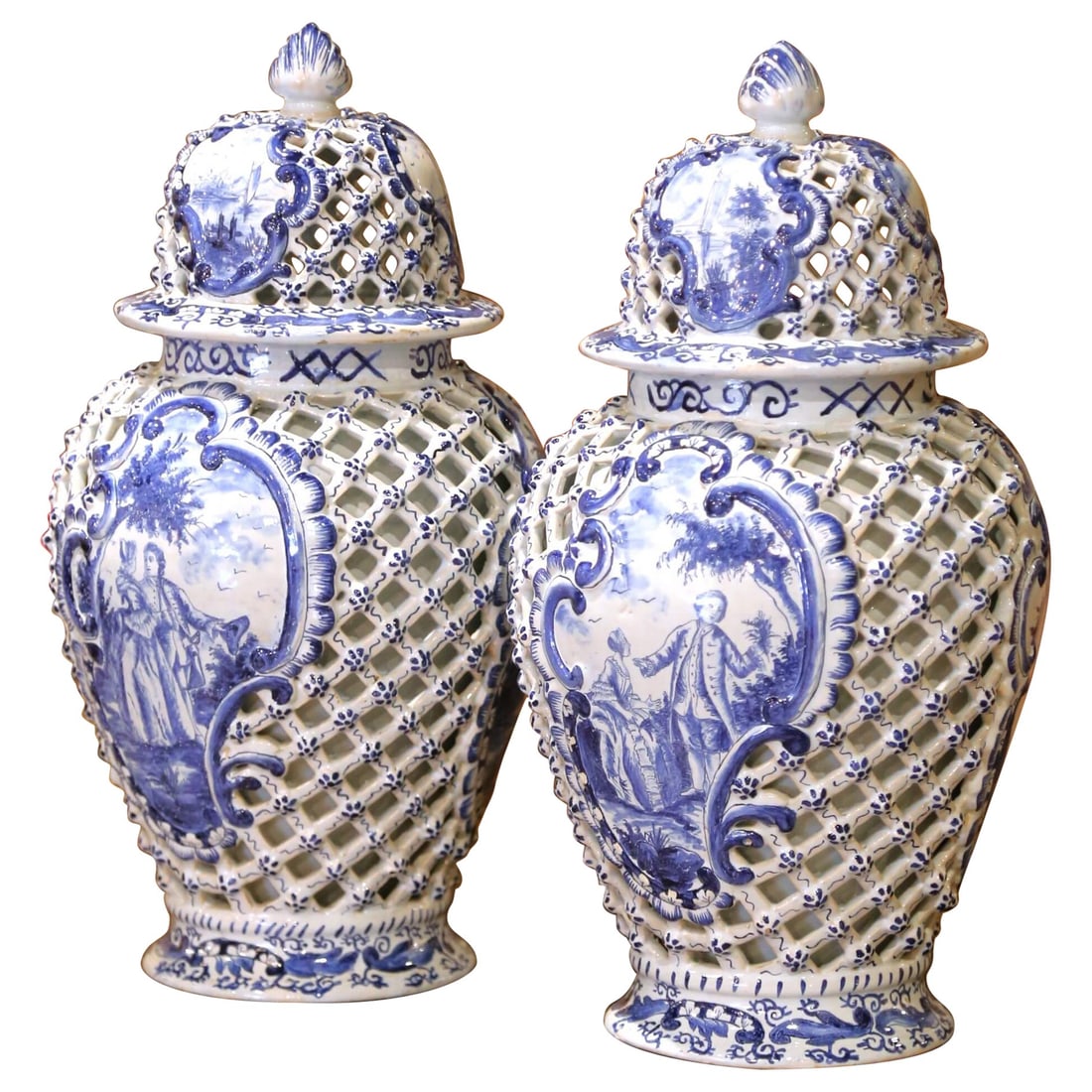 Set of 2 19th Century French Blue White Desvres Lidded Vases Delft Style (1 of 17)