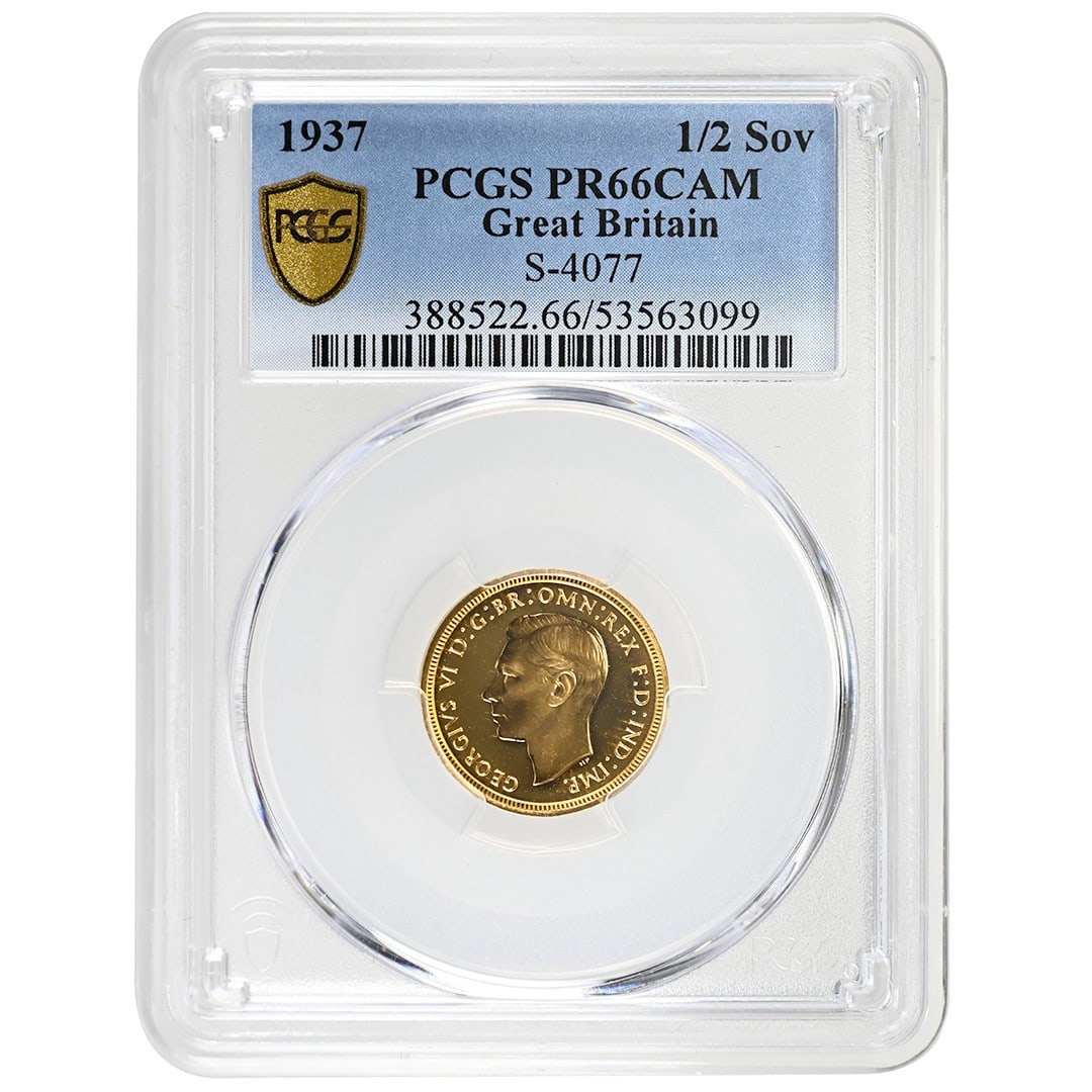 1937 Gold Half Sovereign Proof George VI PCGS PR66CAM United Kingdom: 1937 Gold Half Sovereign Proof George VI PCGS PR66CAM United Kingdom This 1937 1/2 Sovereign features the portrait of George VI and is certified by PCGS with a grade of PR66CAM. Struck in gold, this c