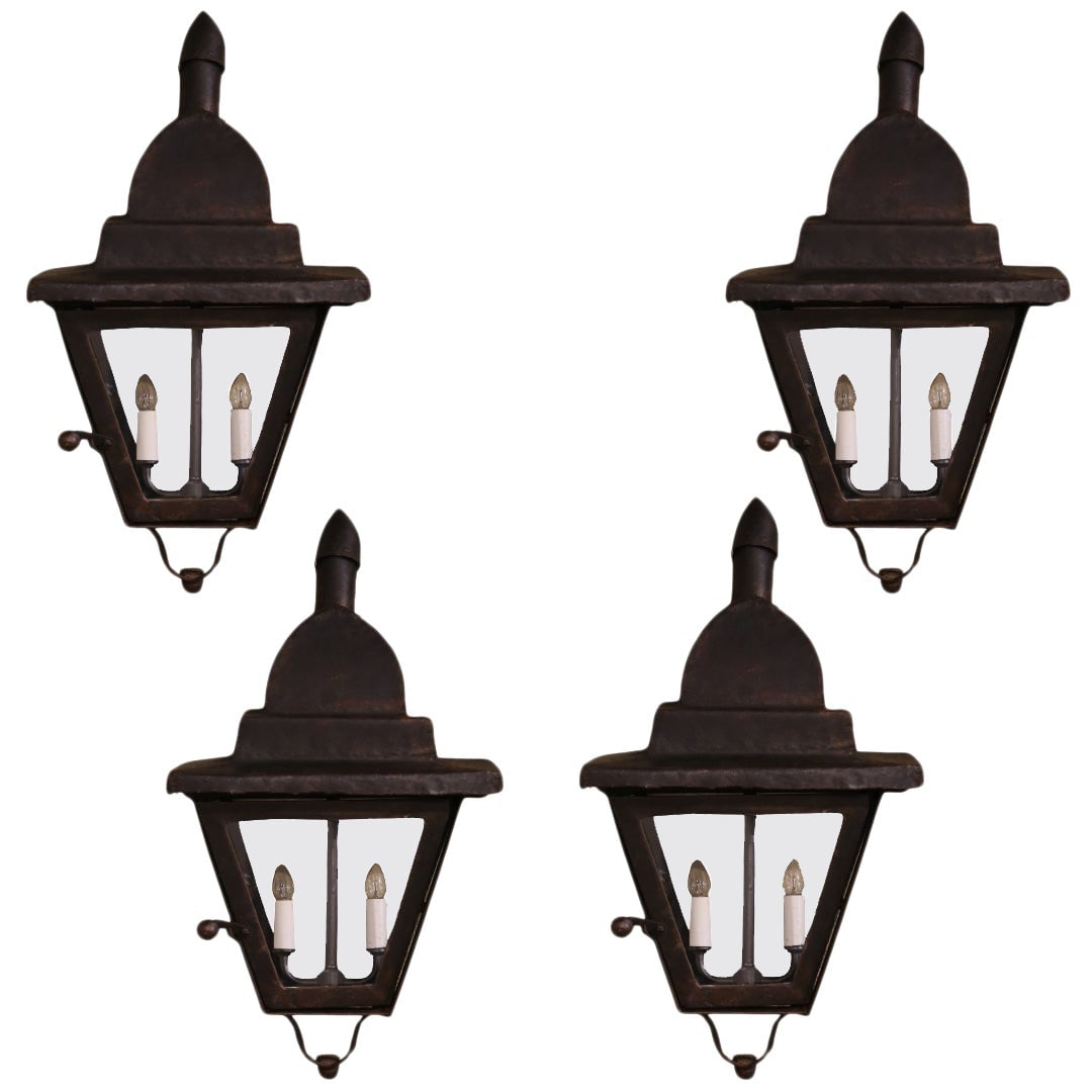 Set of 4 French Gothic Wrought Iron Two-Light Wall Lantern Sconces circa 1880 (1 of 12)