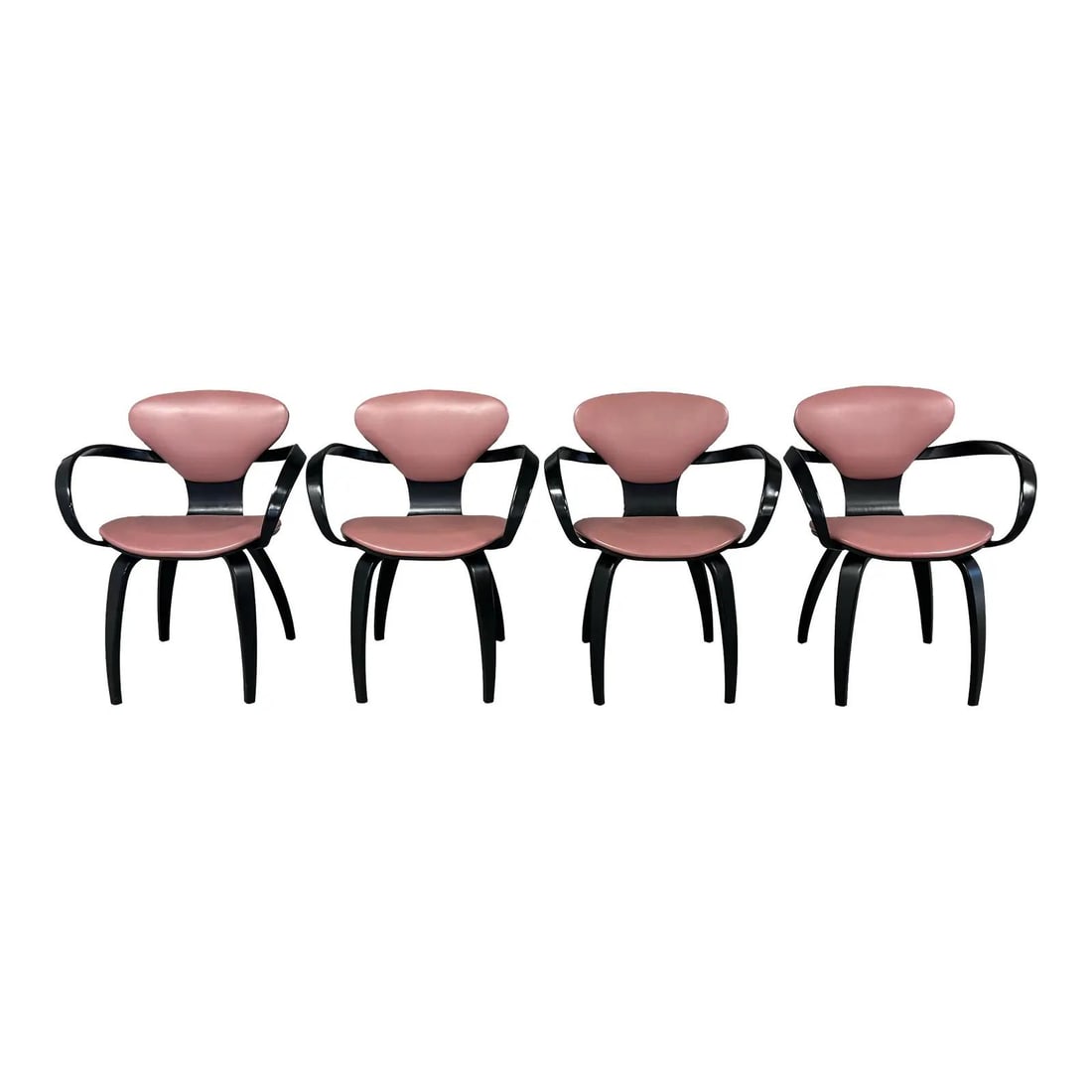 Set of 4 Norman Cherner Dining Chairs Mid Century Modern Purple Vinyl: Set of 4 Norman Cherner Dining Chairs Mid Century Modern Purple Vinyl This set of four mid-century modern dining chairs features a striking black frame with vibrant purple vinyl upholstery, designed b