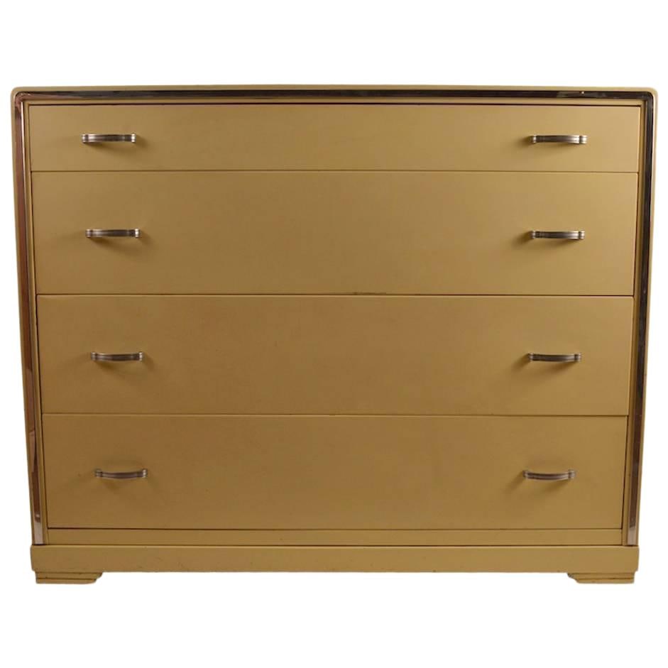Norman Bel Geddes Art Deco Dresser for Simmons Yellow Chrome Trim: Norman Bel Geddes Art Deco Dresser for Simmons Yellow Chrome Trim This stunning dresser, designed by Norman Bel Geddes for Simmons Furniture Company, showcases a classic Art Deco and Machine Age aesth