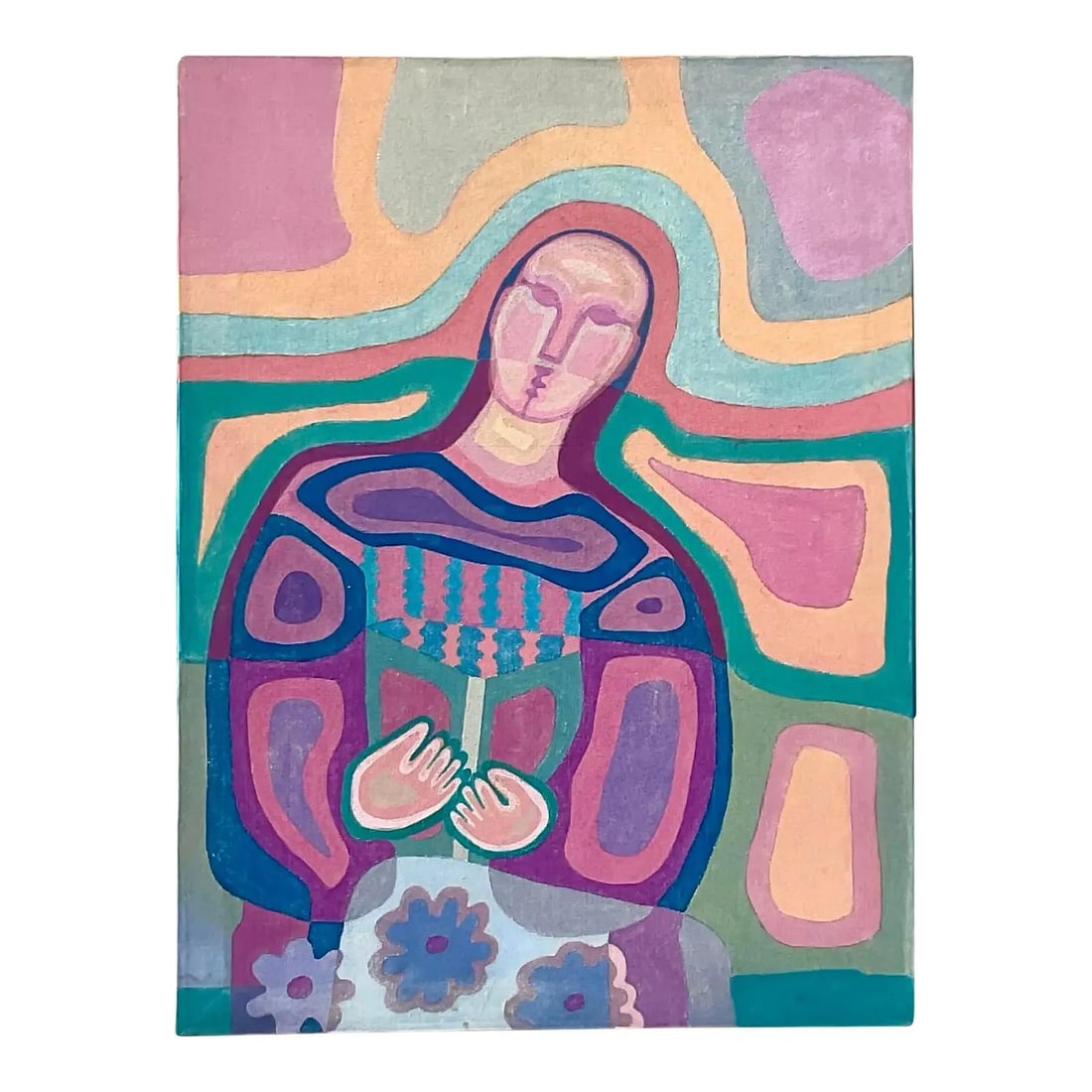 Original Abstract Figural Oil Painting on Canvas Bohemian Style Art: Original Abstract Figural Oil Painting on Canvas Bohemian Style Art This vintage boho abstract figural oil on canvas features a dynamic composition with a central figure surrounded by flowing, abstrac