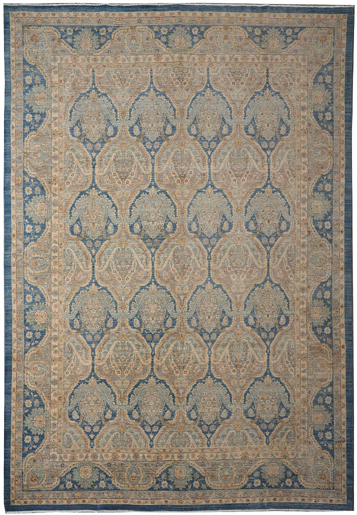 Chobi Zigler Peshawar Hand-Knotted Wool Rug 107 x 145 in Blue Beige: Chobi Zigler Peshawar Hand-Knotted Wool Rug 107 x 145 in Blue Beige Free continental US Shipping This Chobi Zigler Peshawar Neutral Rug features a symmetrical floral lattice design in blue with beige,