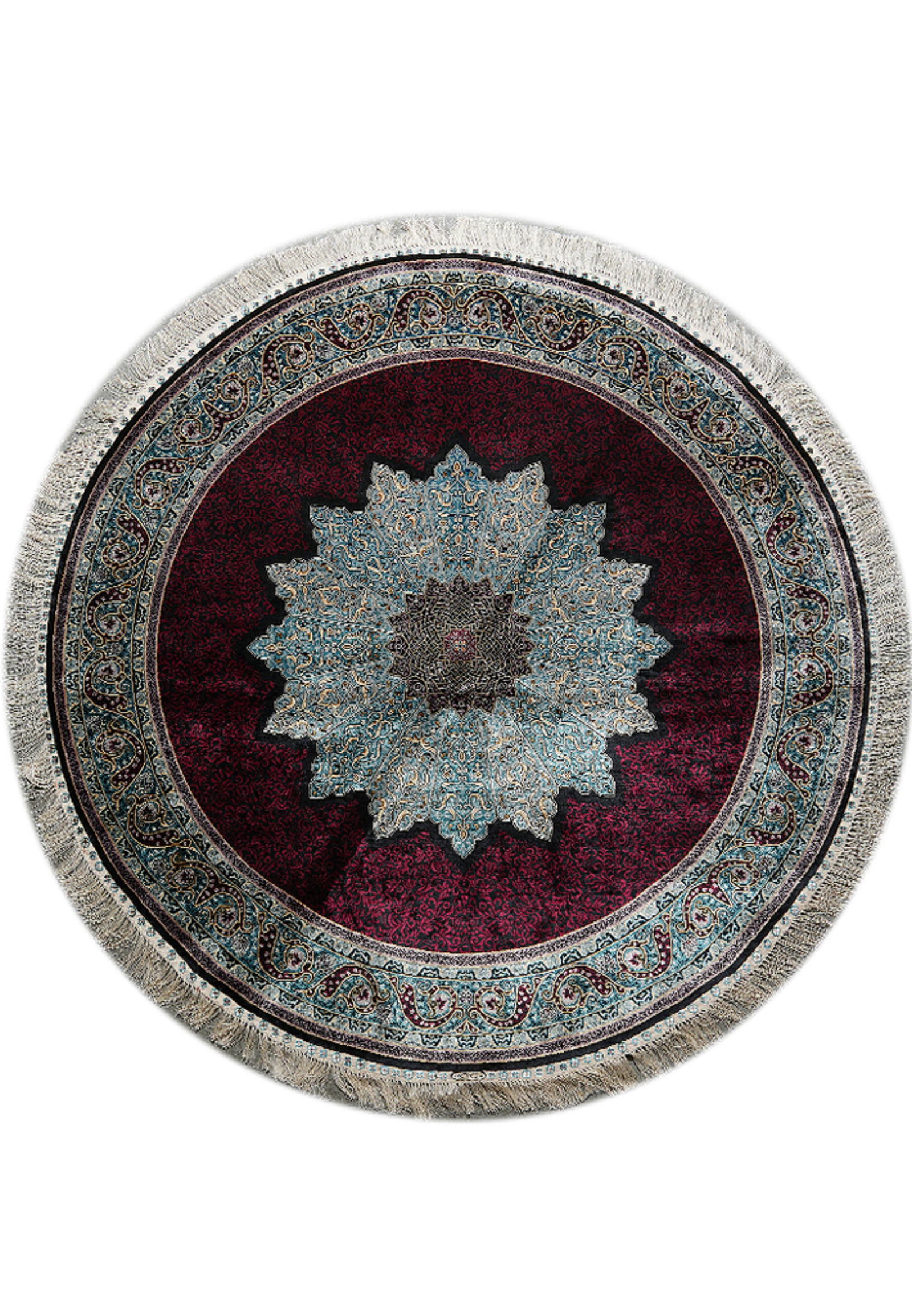 Hand-Knotted Burgundy Round Silk Rug 5 x 5 Feet Luxurious Accent: Hand-Knotted Burgundy Round Silk Rug 5 x 5 Feet Luxurious Accent Free continental US Shipping This 5 x 5 feet round rug is meticulously hand-knotted from high-quality silk and features a rich burgundy