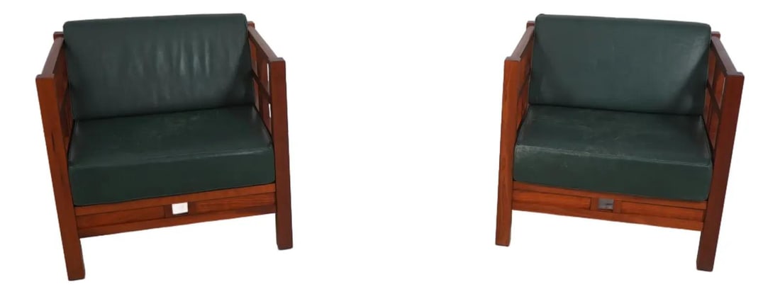 Set of Two Windward Cherry Wood Armchairs with Green Leather Seats (1 of 10)