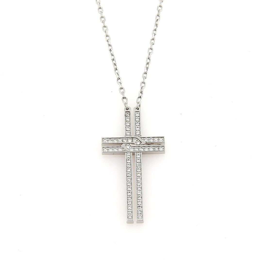 Diamond Cross Pendant Necklace in 18k White Gold by Cartier with Papers: Diamond Cross Pendant Necklace in 18k White Gold by Cartier with Papers This Cartier Diamond Cross Pendant Necklace is crafted from 18k white gold and features a cross pendant adorned with natural dia