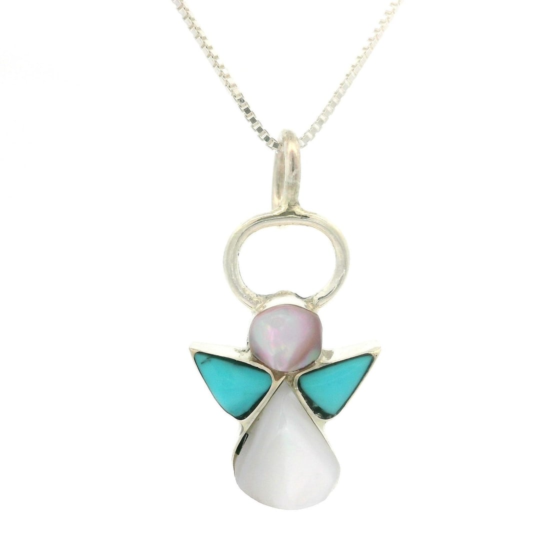 Sterling Silver Angel Pendant Necklace with Mother of Pearl and Turquoise Wings: Sterling Silver Angel Pendant Necklace with Mother of Pearl and Turquoise Wings This stunning pendant necklace features an angel design crafted from solid sterling silver and adorned with natural gems