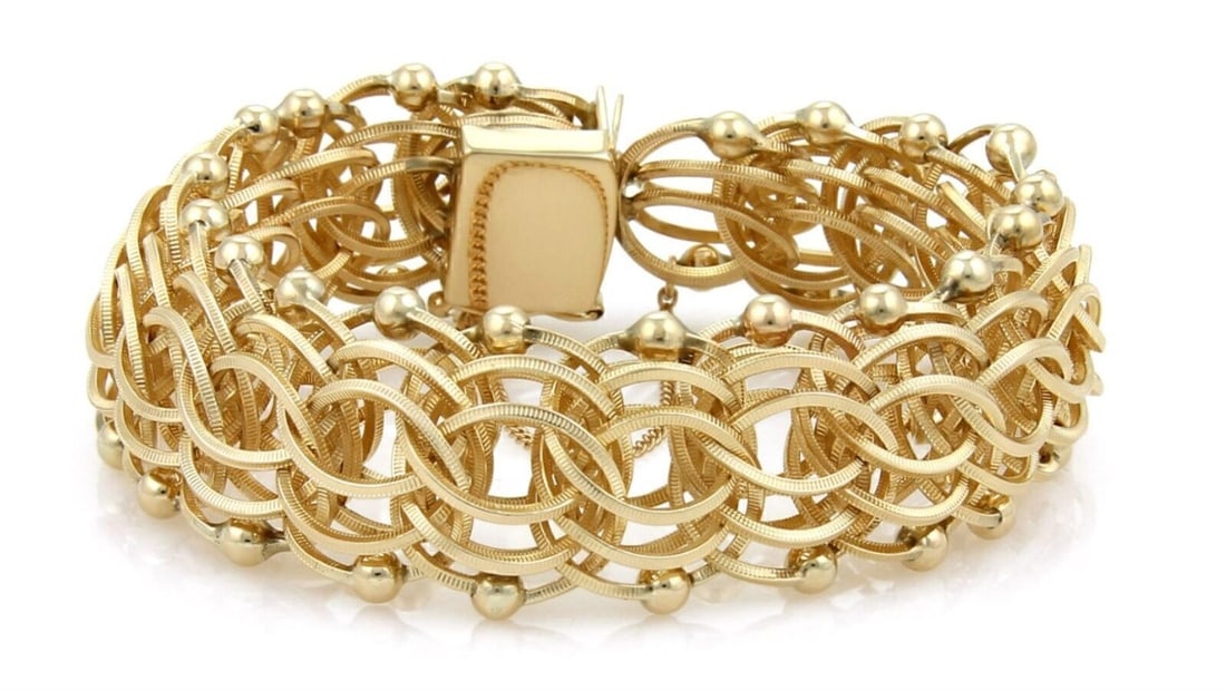 Vintage 14k Yellow Gold Wide Chain Bracelet with Multiple Rings and Charms (1 of 4)