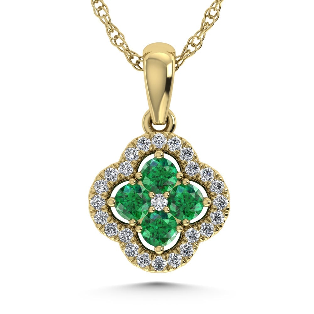 14K Yellow Gold 1/2 Ct.Tw. Diamond and Emerald Fashion Pendant: 14K Yellow Gold 1/2 Ct.Tw. Diamond and Emerald Fashion Pendant 14k Yellow Gold Stone Color: G-h Stone Clarity: Aaa / Si2 Unless otherwise specified, pendants that include a chain are paired with our s
