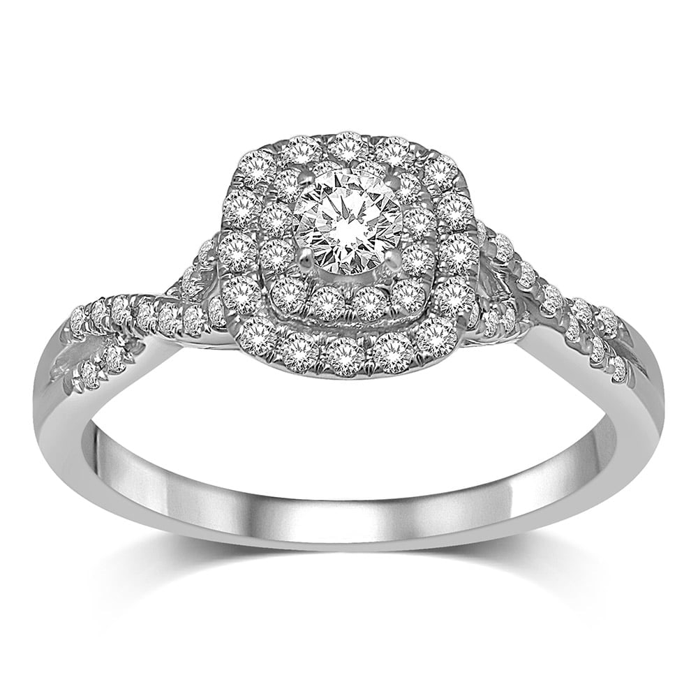 14K White Gold 1/2 Ct.Tw. Diamond Halo Engagement Ring: 14K White Gold 1/2 Ct.Tw. Diamond Halo Engagement Ring This eye-catching Halo Engagement Ring is available in 14K White Gold. There are 53 round diamonds with a total carat weight of 1/2 Ct.Tw. set in