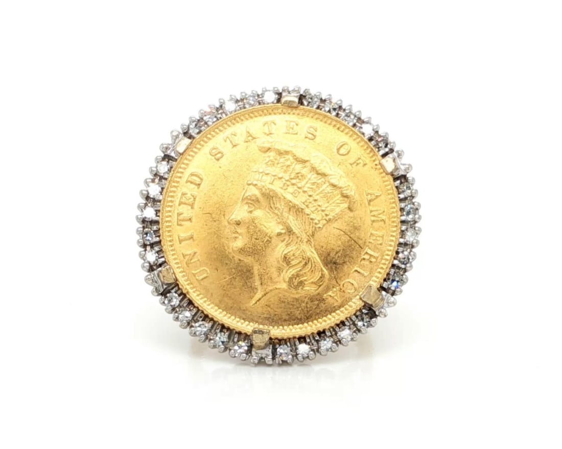 Estate 14k Gold Ring with 1855 $3 Indian Princess Coin and Diamond Bezel Size 4 (1 of 8)