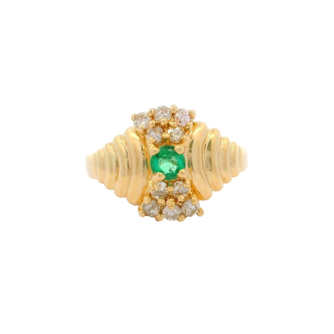 14k Yellow Gold Emerald Diamond Cluster Cocktail Ring: 14k Yellow Gold Emerald Diamond Cluster Cocktail Ring This exquisite cocktail band ring showcases a stunning cluster of vibrant emerald and dazzling diamonds, elegantly crafted in 14k yellow gold. The