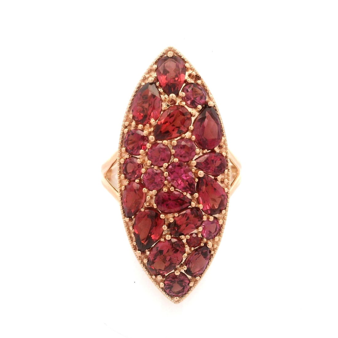14k Rose Gold Garnet Mosaic Cocktail Ring Large Navette Shape: 14k Rose Gold Garnet Mosaic Cocktail Ring Large Navette Shape This stunning cocktail ring showcases a mosaic platter design featuring numerous natural genuine garnets in various shapes, with beautiful