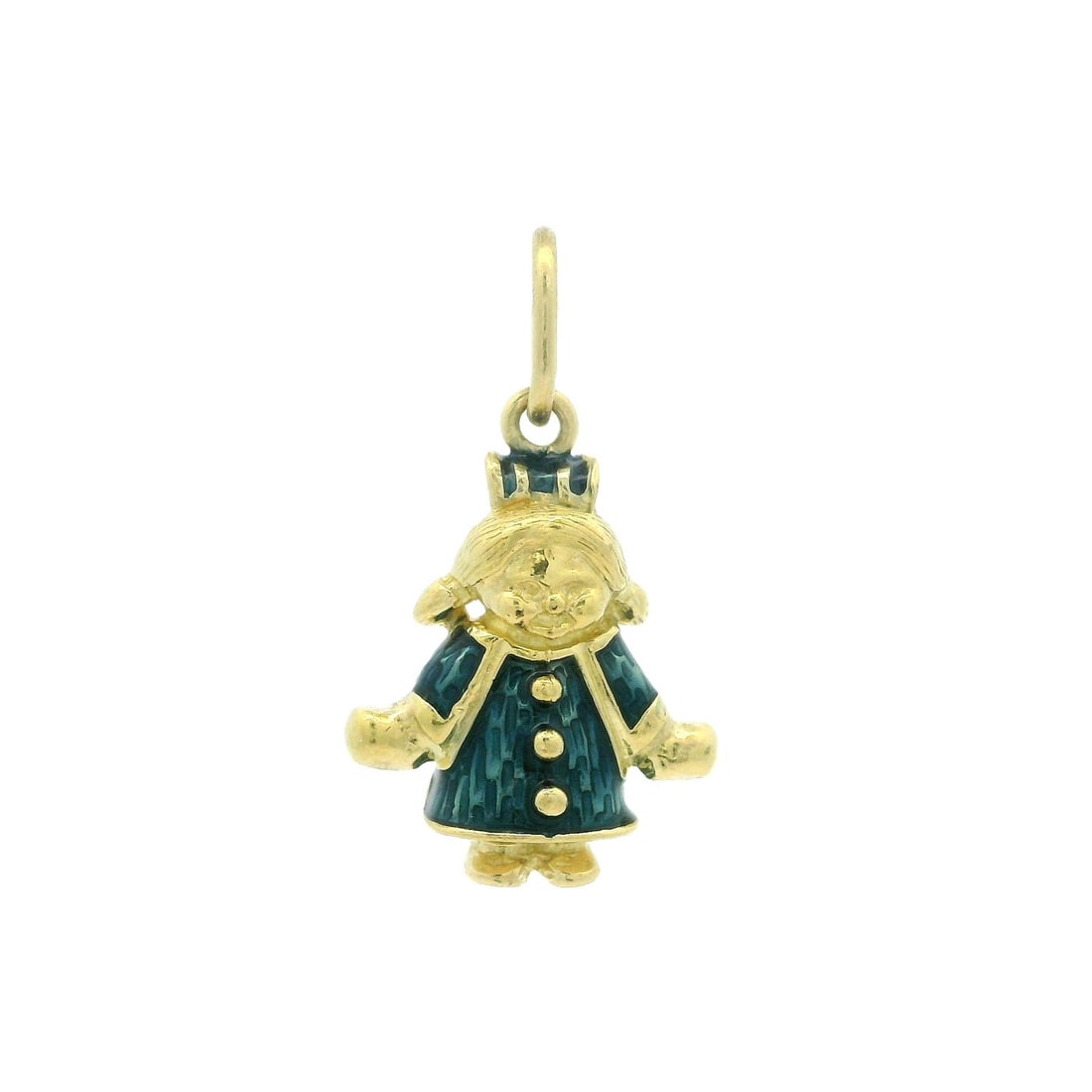 18k Yellow Gold Navy Blue Enamel Little Girl Charm Pendant: 18k Yellow Gold Navy Blue Enamel Little Girl Charm Pendant This charming little girl pendant is crafted from solid 18k yellow gold and features intricate navy blue enamel work, adding a delightful