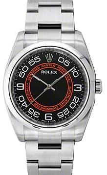Rolex 116000 Oyster Perpetual Men's Black Dial Watch with Card 2011: Rolex 116000 Oyster Perpetual Men's Black Dial Watch with Card 2011 This Rolex Oyster Perpetual features a black dial and a smooth bezel, complemented by an Oyster bracelet. The watch is a men's model