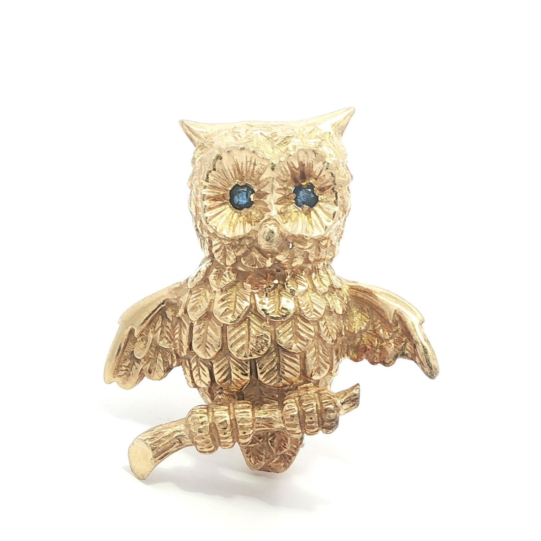 14k Yellow Gold Owl Brooch with Sapphire Eyes by Soret Somers Ernest Co.: 14k Yellow Gold Owl Brooch with Sapphire Eyes by Soret Somers Ernest Co. This whimsical owl brooch is crafted from solid 14k yellow gold and features two natural, round brilliant cut blue sapphires fo