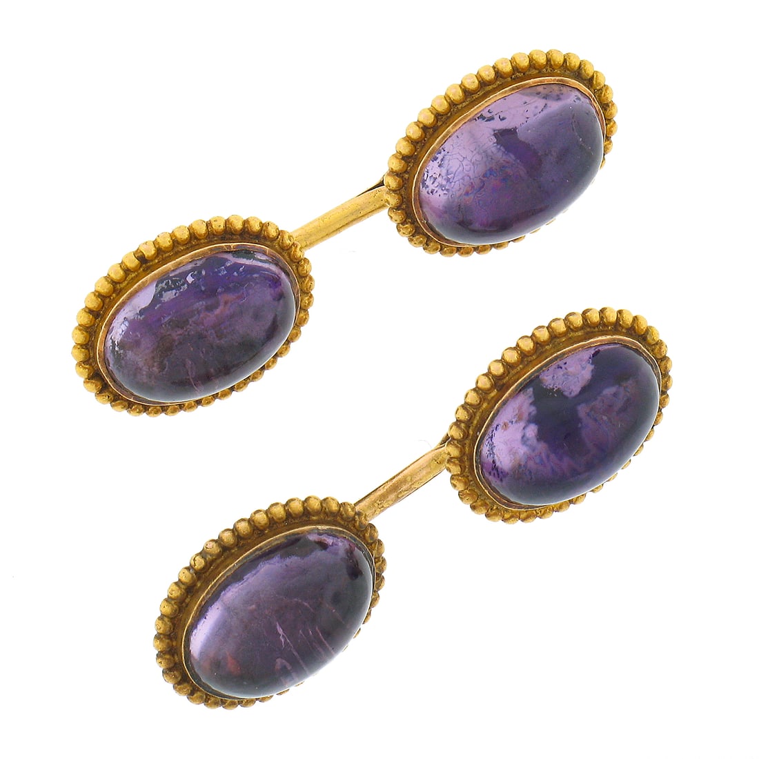 Antique 14K Yellow Gold Amethyst Cuff Links with Bezel Set Stones: Antique 14K Yellow Gold Amethyst Cuff Links with Bezel Set Stones Elevate your formal attire with these exquisite antique cuff links, crafted from solid 14K yellow gold. Each cuff link features four n